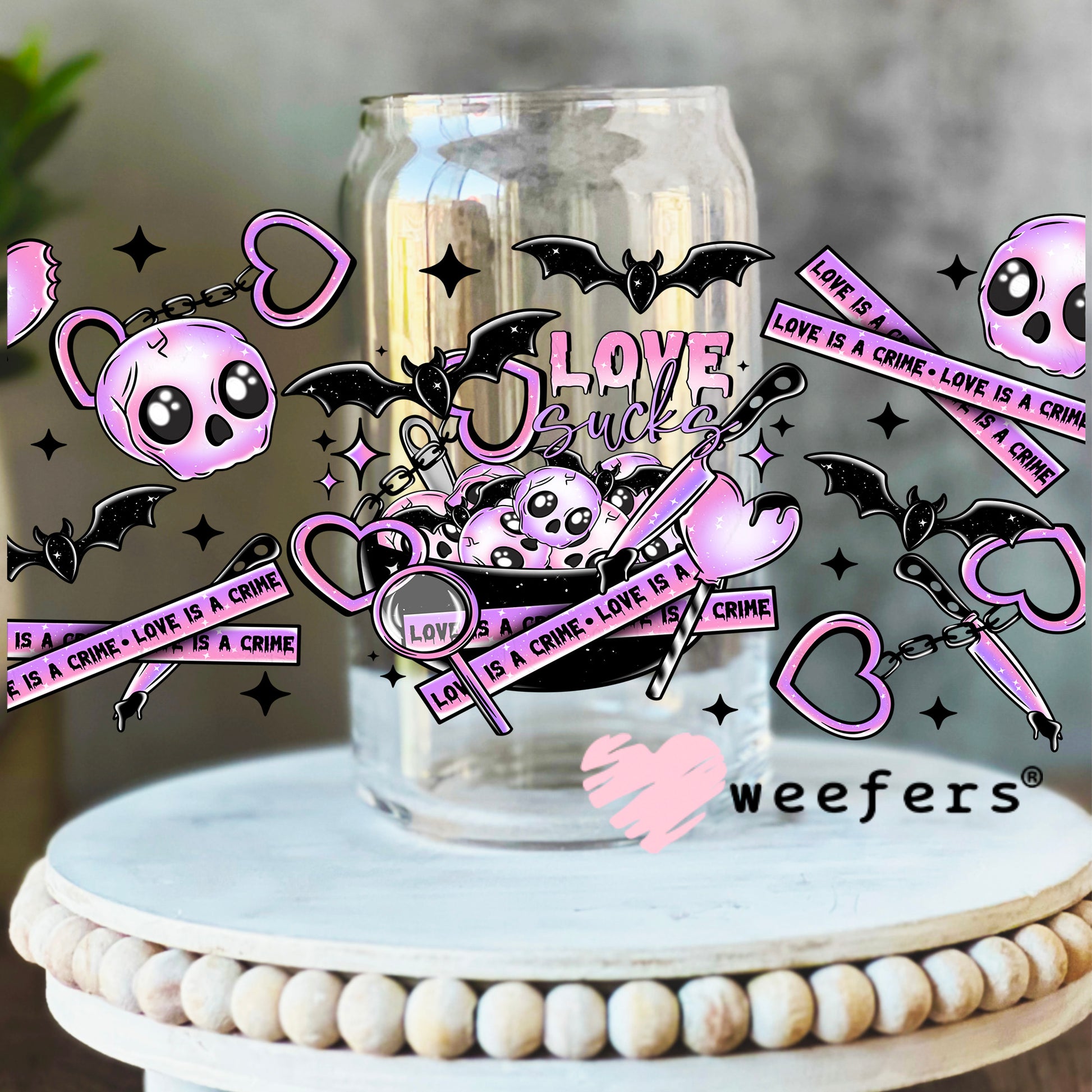 Love is a Crime Purple UV DTF Cup Wrap 16oz Libbey Glass Original Size Weefers