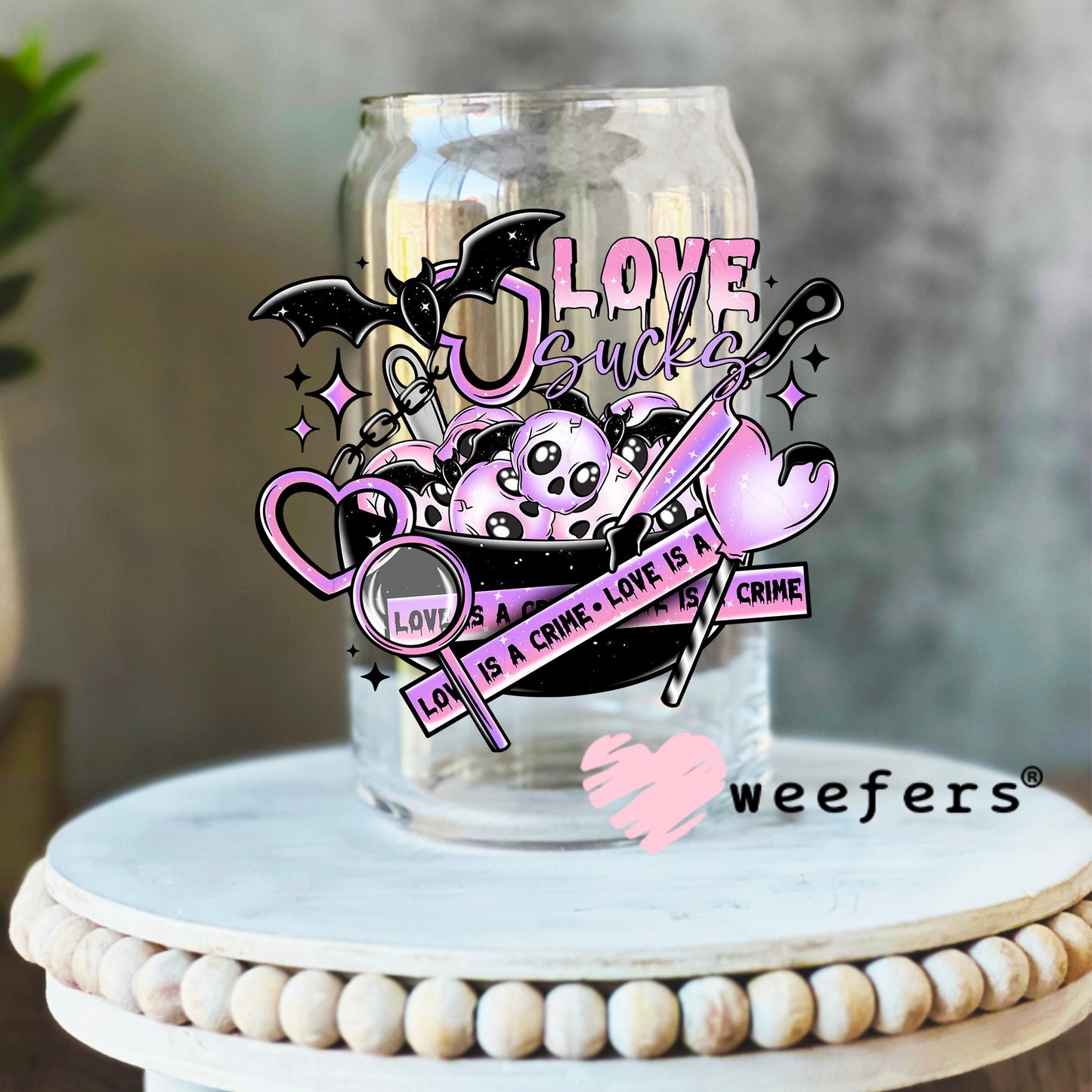Love is a Crime Purple UV DTF Decal 16oz Libbey Glass Original Size Weefers