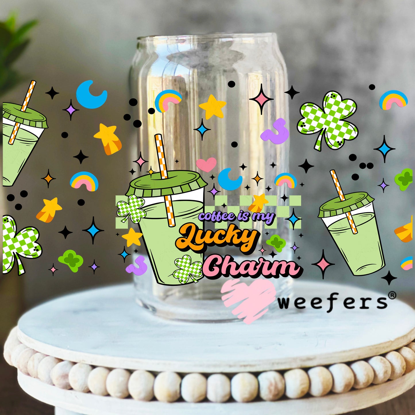 Coffee is My Lucky Charms UV DTF Cup Wrap 16oz Libbey Glass Original Size Weefers