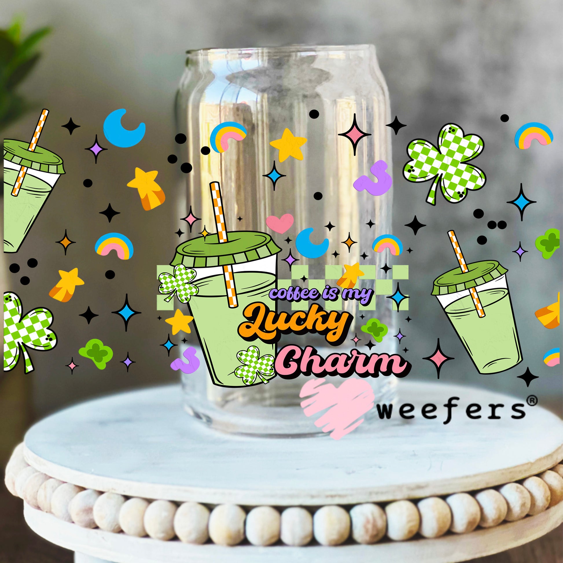 Coffee is My Lucky Charms UV DTF Cup Wrap 16oz Libbey Glass Original Size Weefers