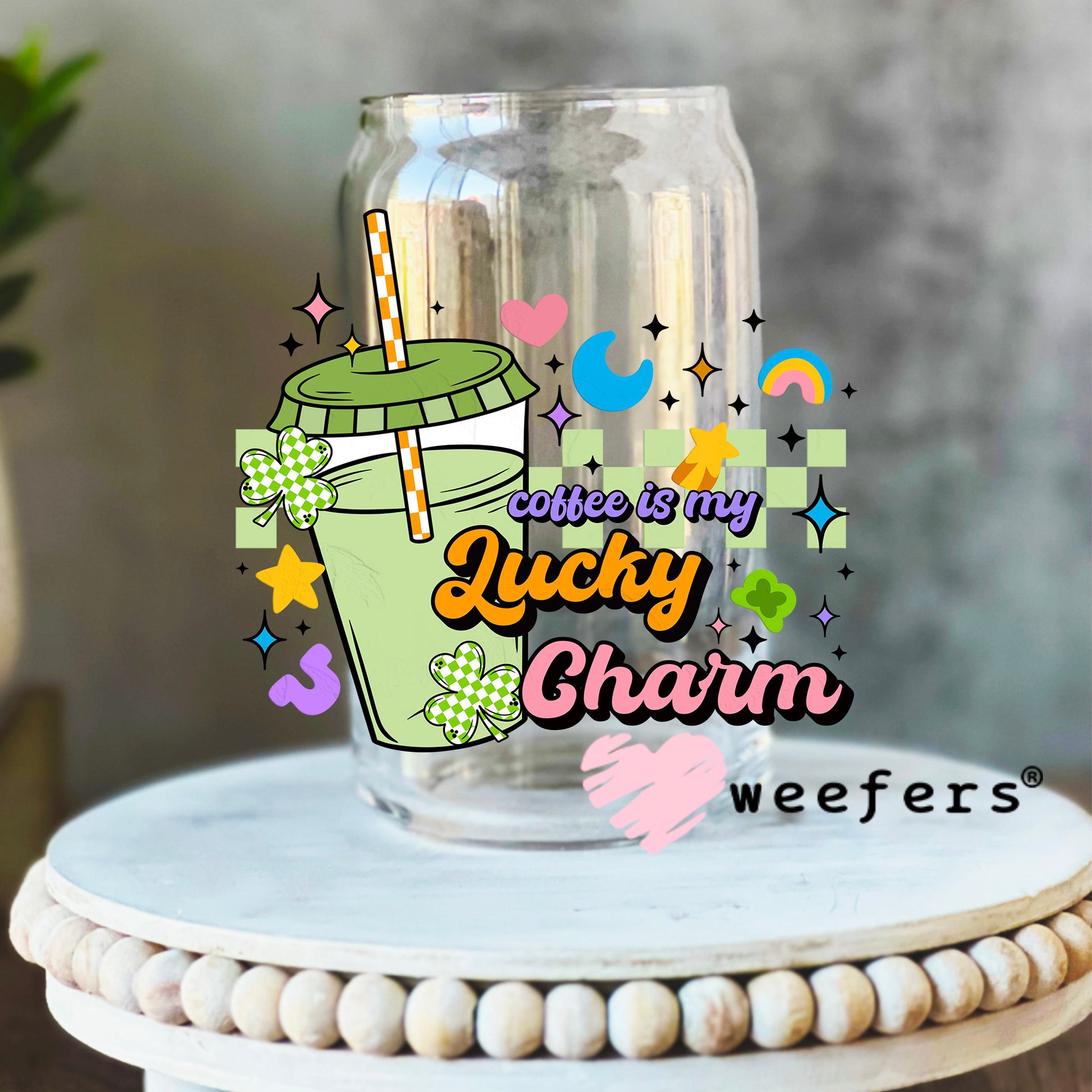 Coffee is My Lucky Charm UV DTF Decal 16oz Libbey Glass Original Size Weefers