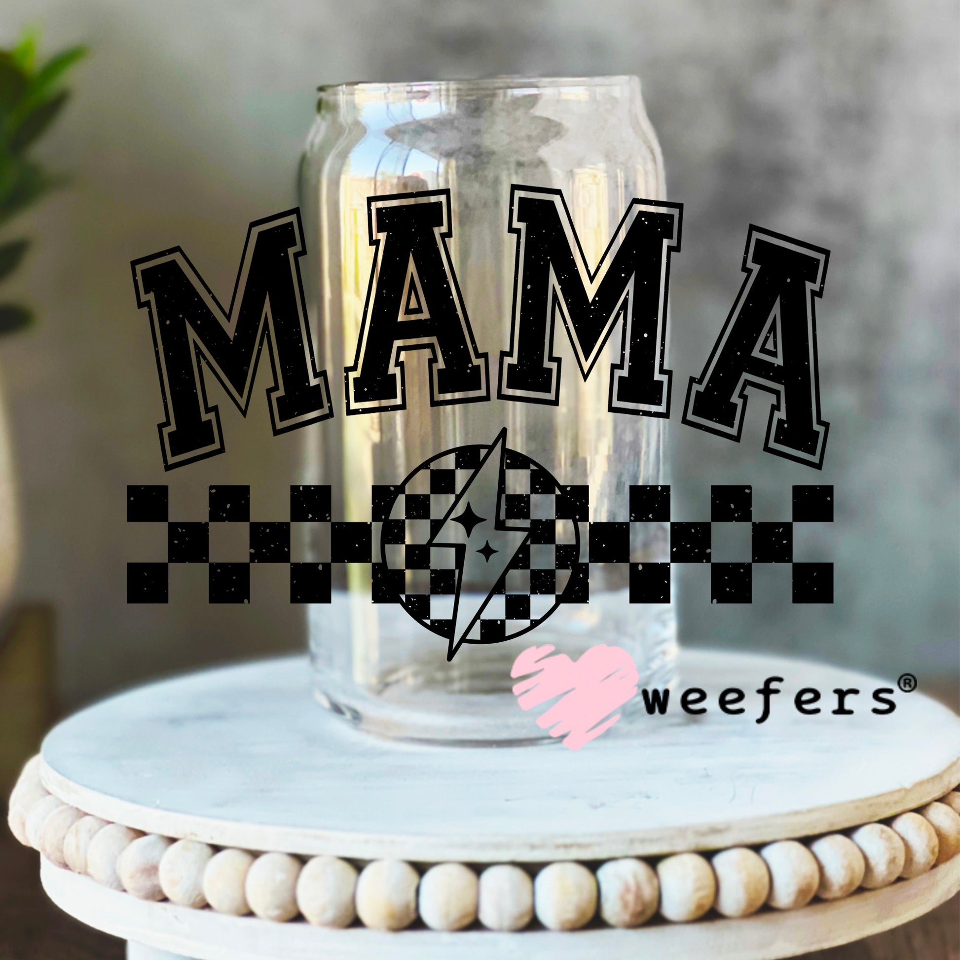 Mama Black Checkered UV DTF Decal 16oz Libbey Glass Original Size Weefers