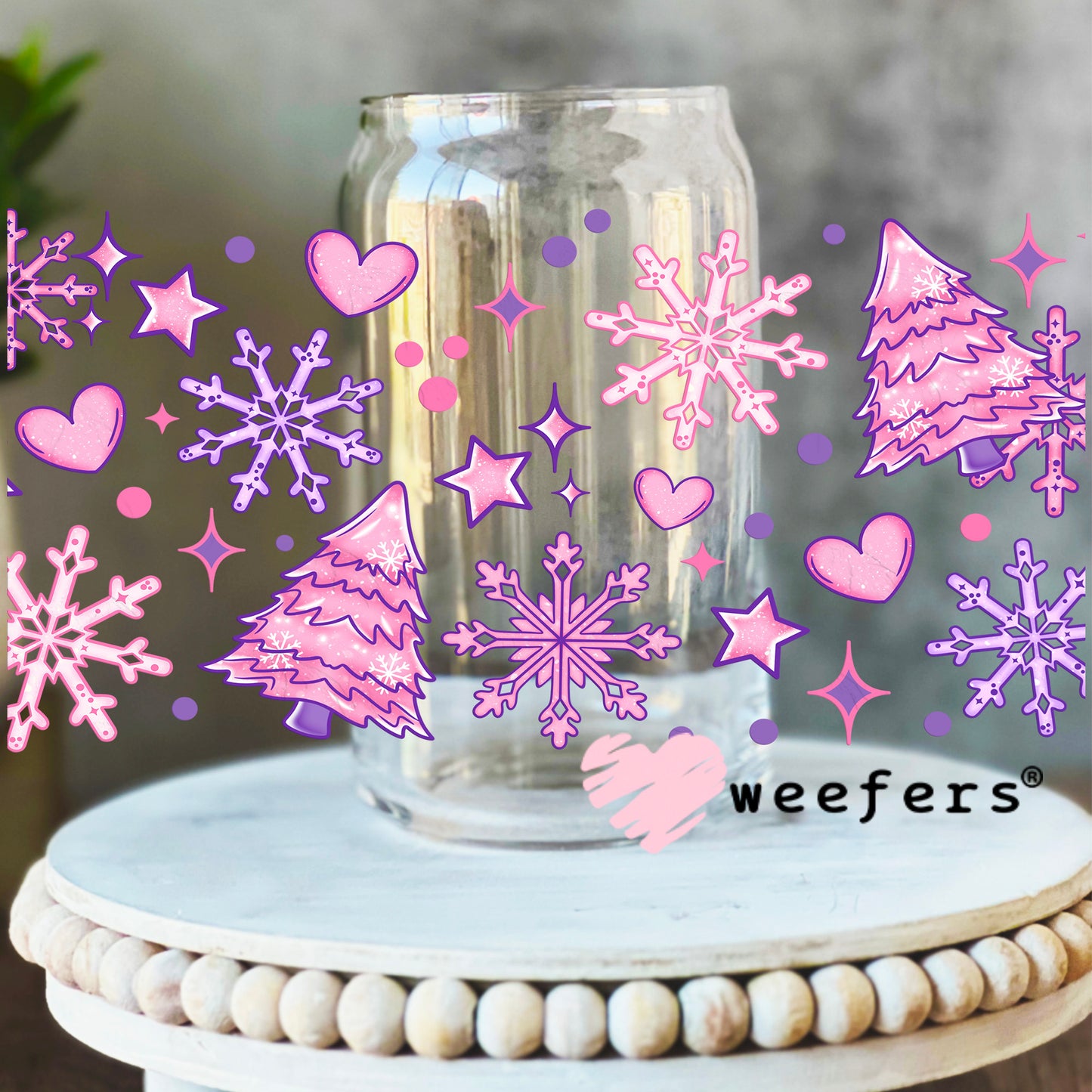 Pink Christmas Trees Snowflakes UV DTF Cup Wrap 16oz Libbey Glass Original Size Weefers