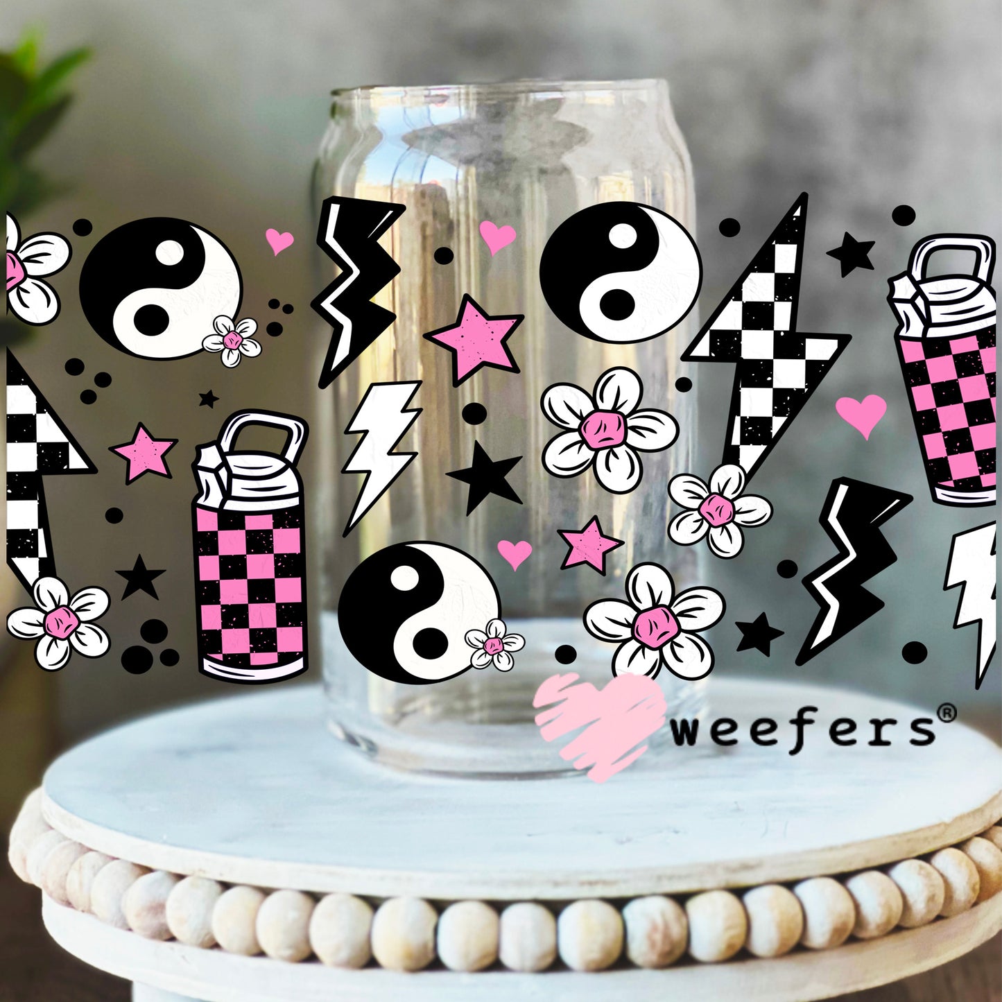 Pink Checkered Ying Yang UV DTF Cup Wrap 16oz Libbey Glass Original Size Weefers