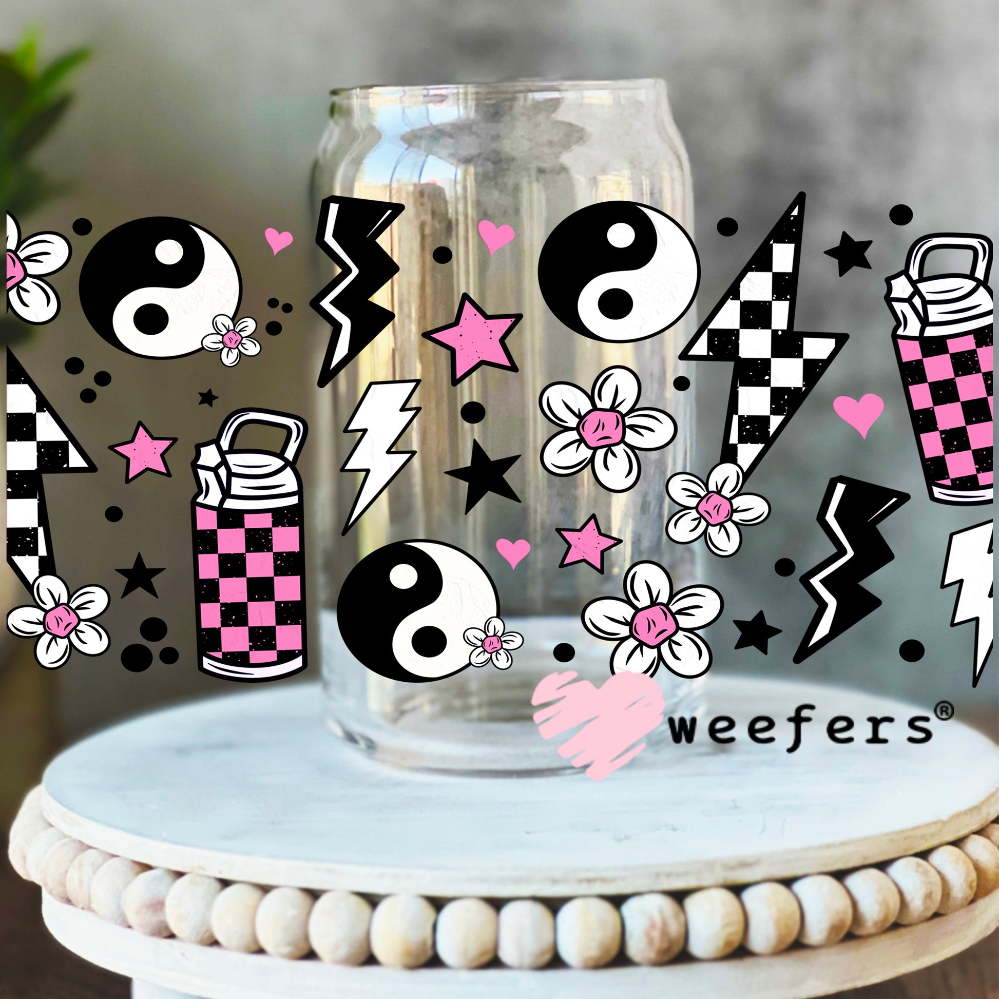 Pink Checkered Ying Yang UV DTF Cup Wrap 16oz Libbey Glass Original Size Weefers