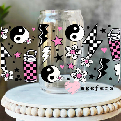 Pink Checkered Ying Yang UV DTF Cup Wrap 16oz Libbey Glass Original Size Weefers