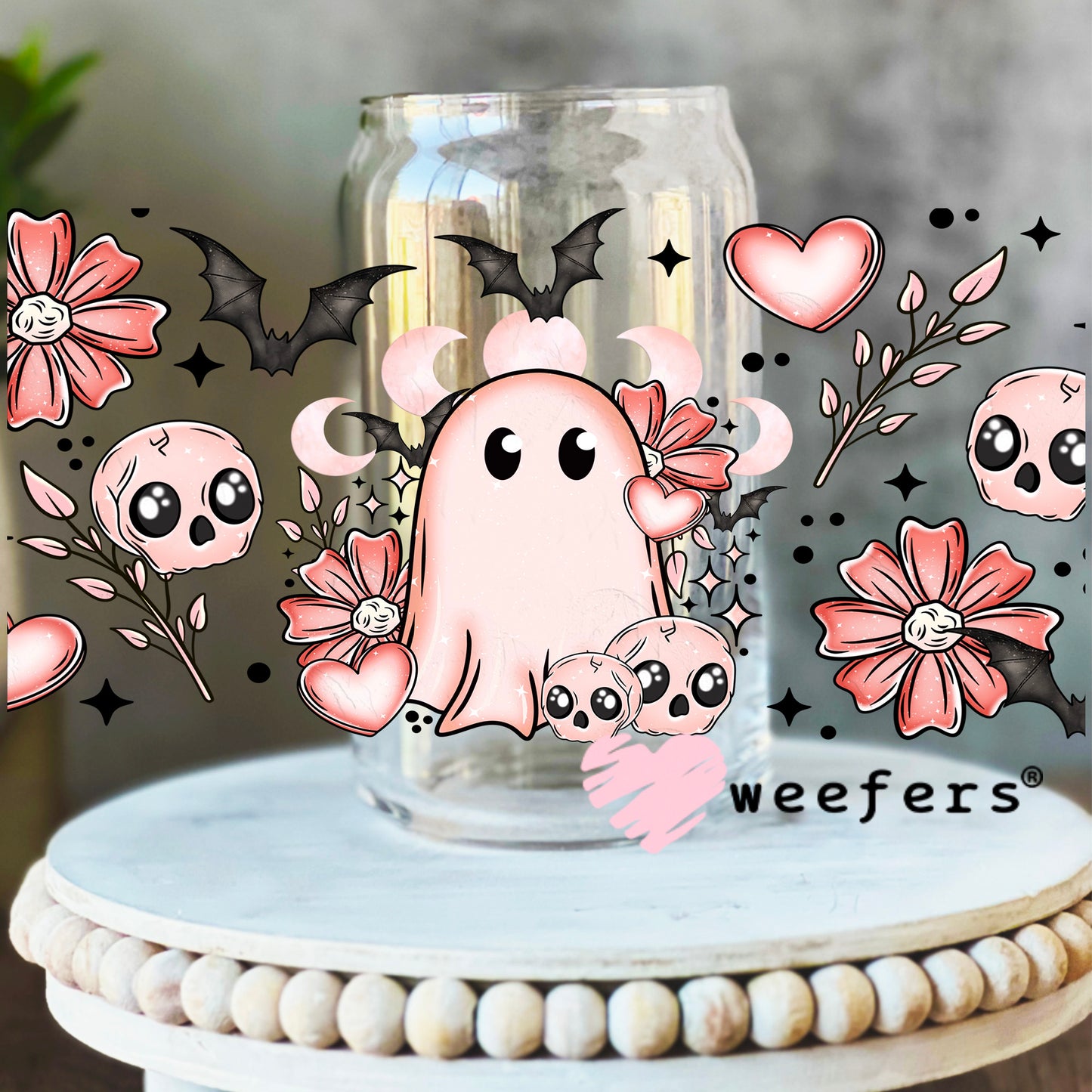 Blush Ghost and Skullies UV DTF Cup Wrap 16oz Libbey Glass Original Size Weefers