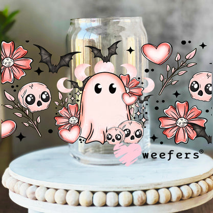Blush Ghost and Skullies UV DTF Cup Wrap 16oz Libbey Glass Original Size Weefers