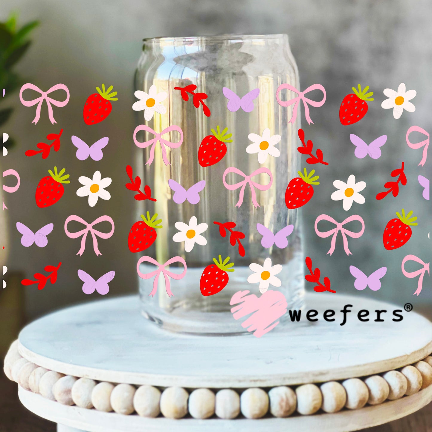 Coquette Strawberries and Bows UV DTF Cup Wrap 16oz Libbey Glass Original Size Weefers