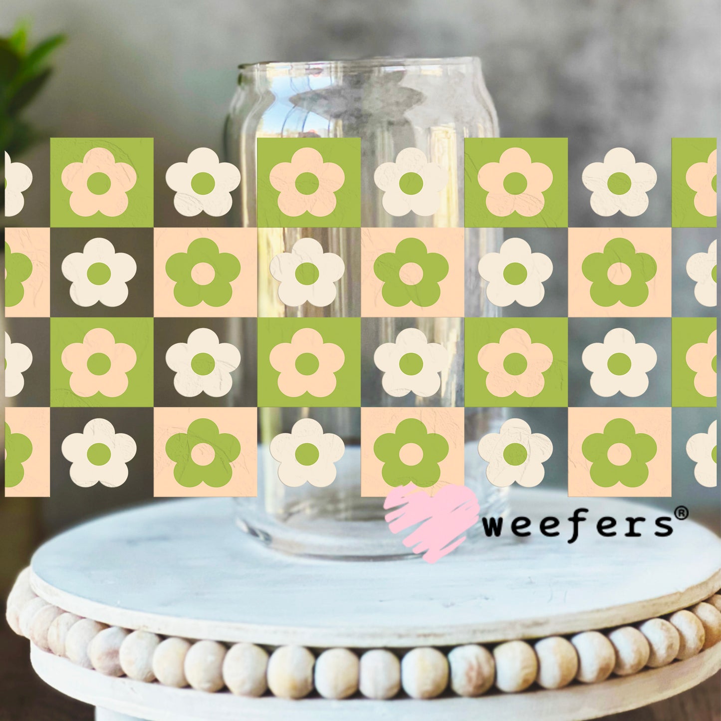 Color Block Flowers Green UV DTF Cup Wrap 16oz Libbey Glass Original Size Weefers