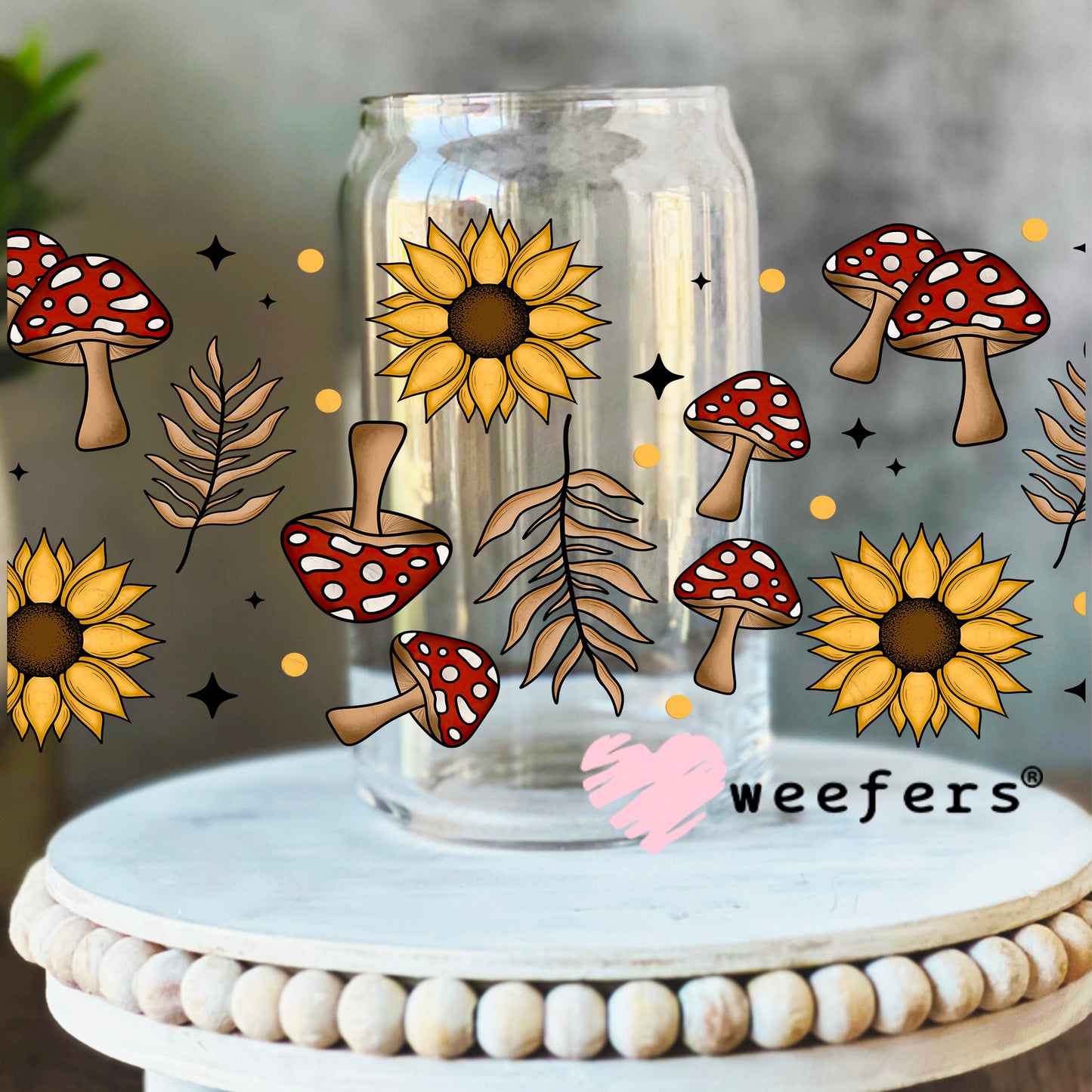 Mushrooms and Sunflowers UV DTF Cup Wrap 16oz Libbey Glass Original Size Weefers
