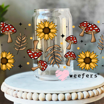 Mushrooms and Sunflowers UV DTF Cup Wrap 16oz Libbey Glass Original Size Weefers