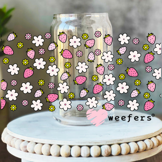 Strawberry Flowers Fields UV DTF Cup Wrap 16oz Libbey Glass Original Size Weefers