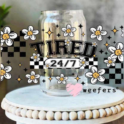 Tired 24/7 Black Checkers and Flowers UV DTF Cup Wrap 16oz Libbey Glass Original Size Weefers