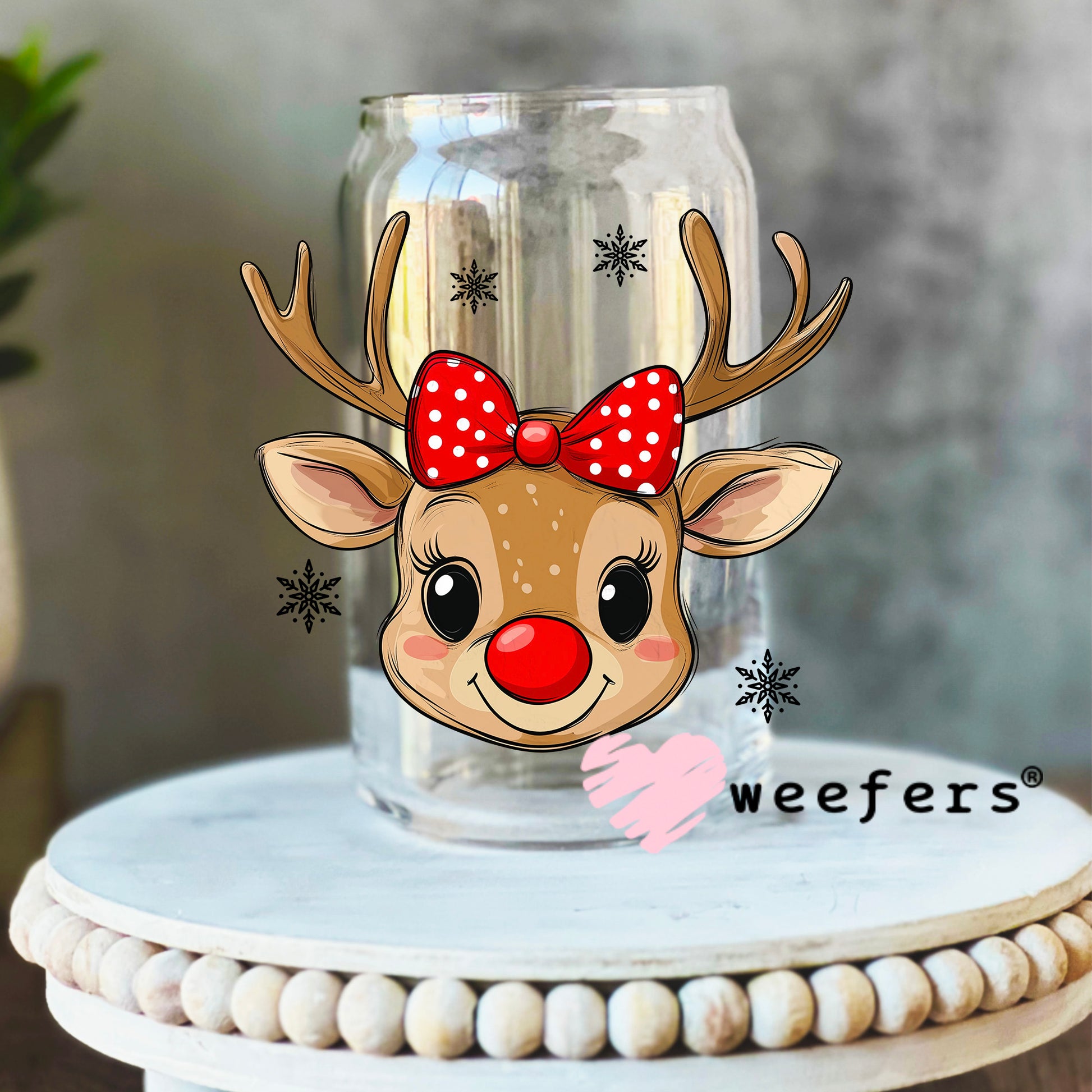 Reindeer Girl Cutie UV DTF Decal 16oz Libbey Glass Original Size Weefers