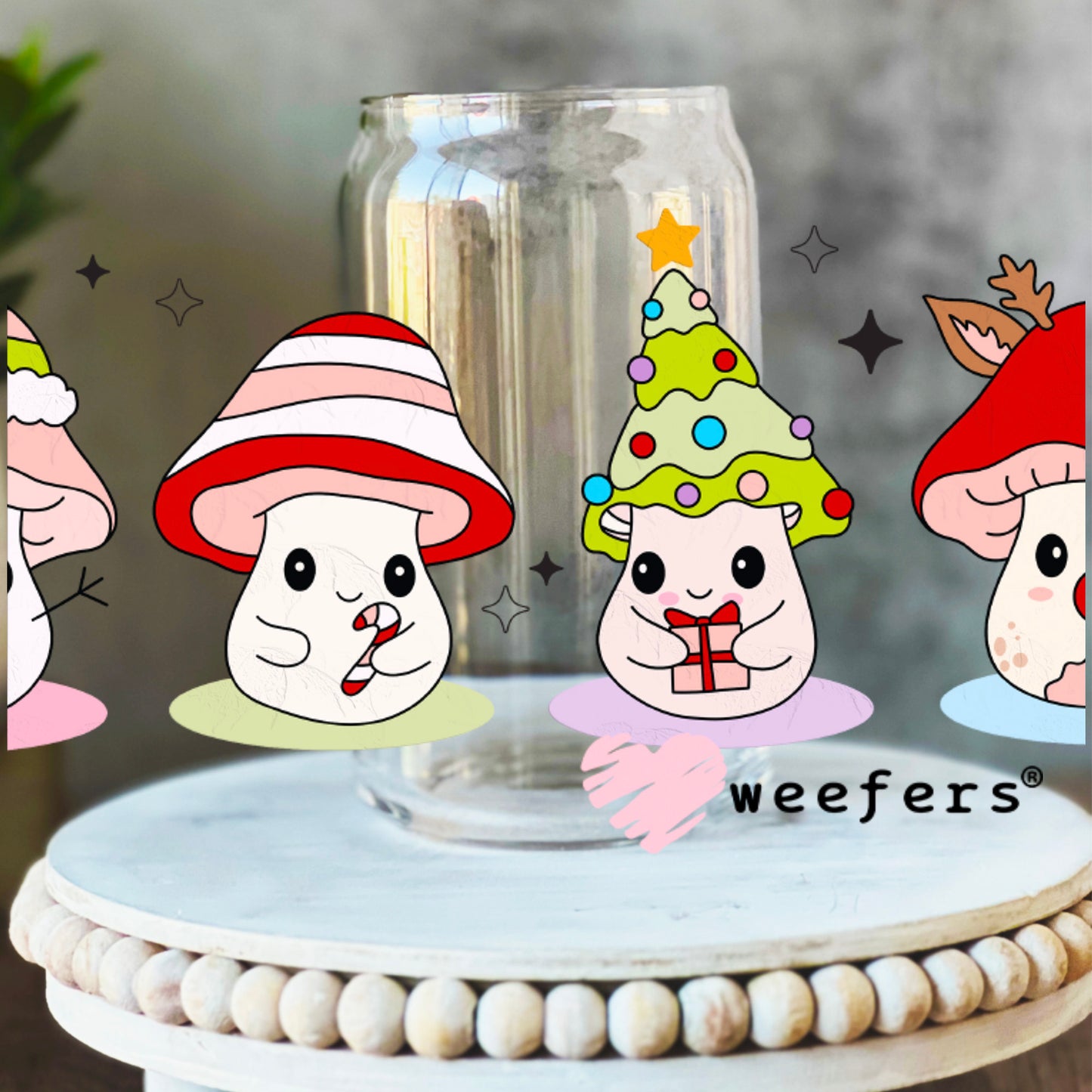 Christmas Mushrooms UV DTF Cup Wrap 16oz Libbey Glass Original Size Weefers