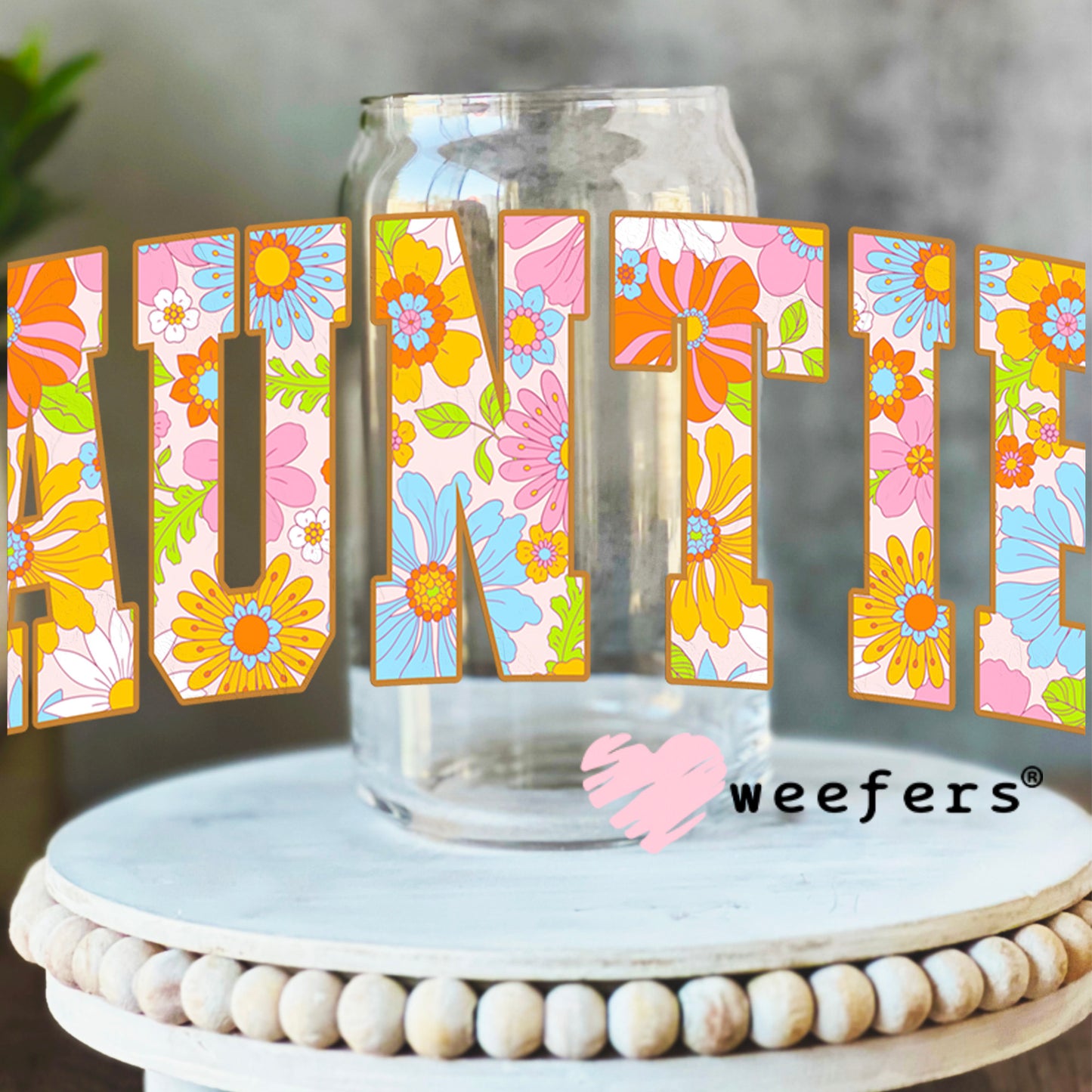 Auntie Spring Florals UV DTF Decal 16oz Libbey Glass Original Size Weefers