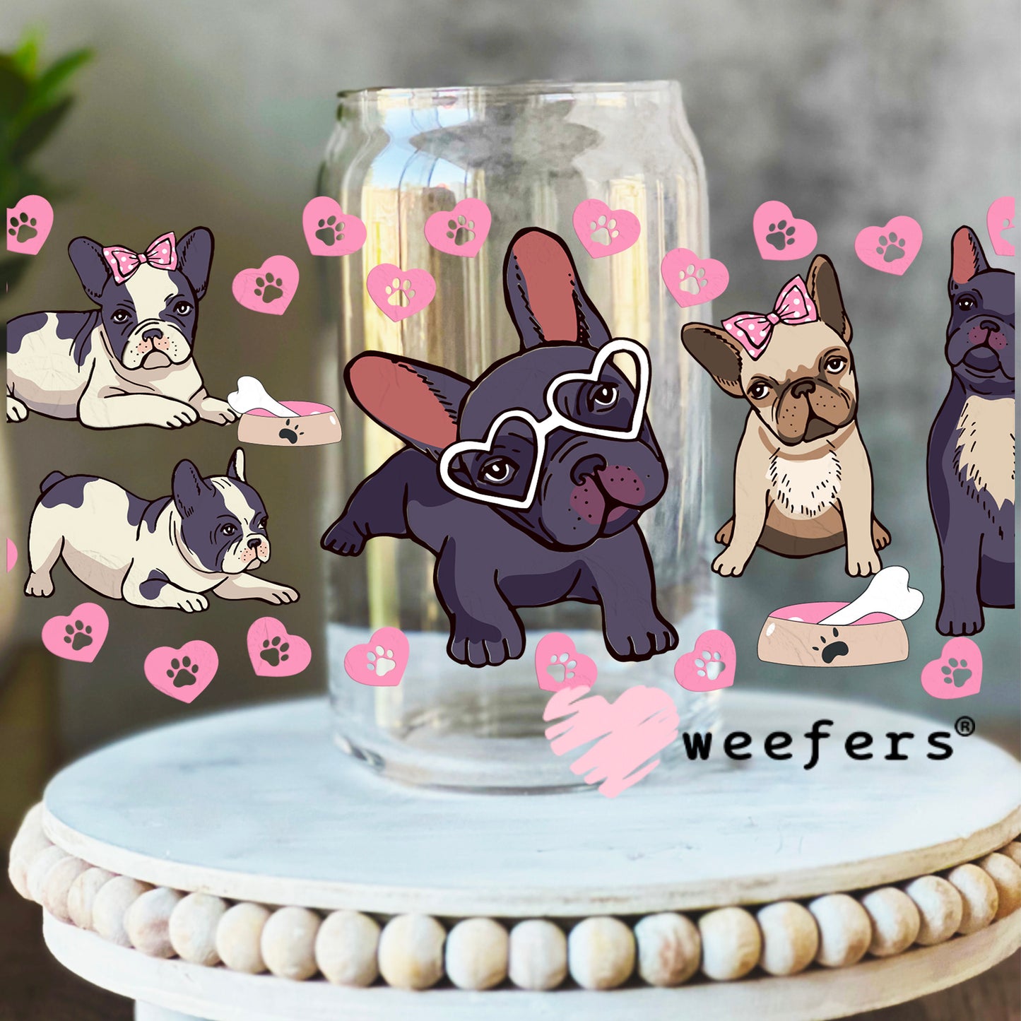 Frenchie Hearts UV DTF Cup Wrap 16oz Libbey Glass Original Size Weefers