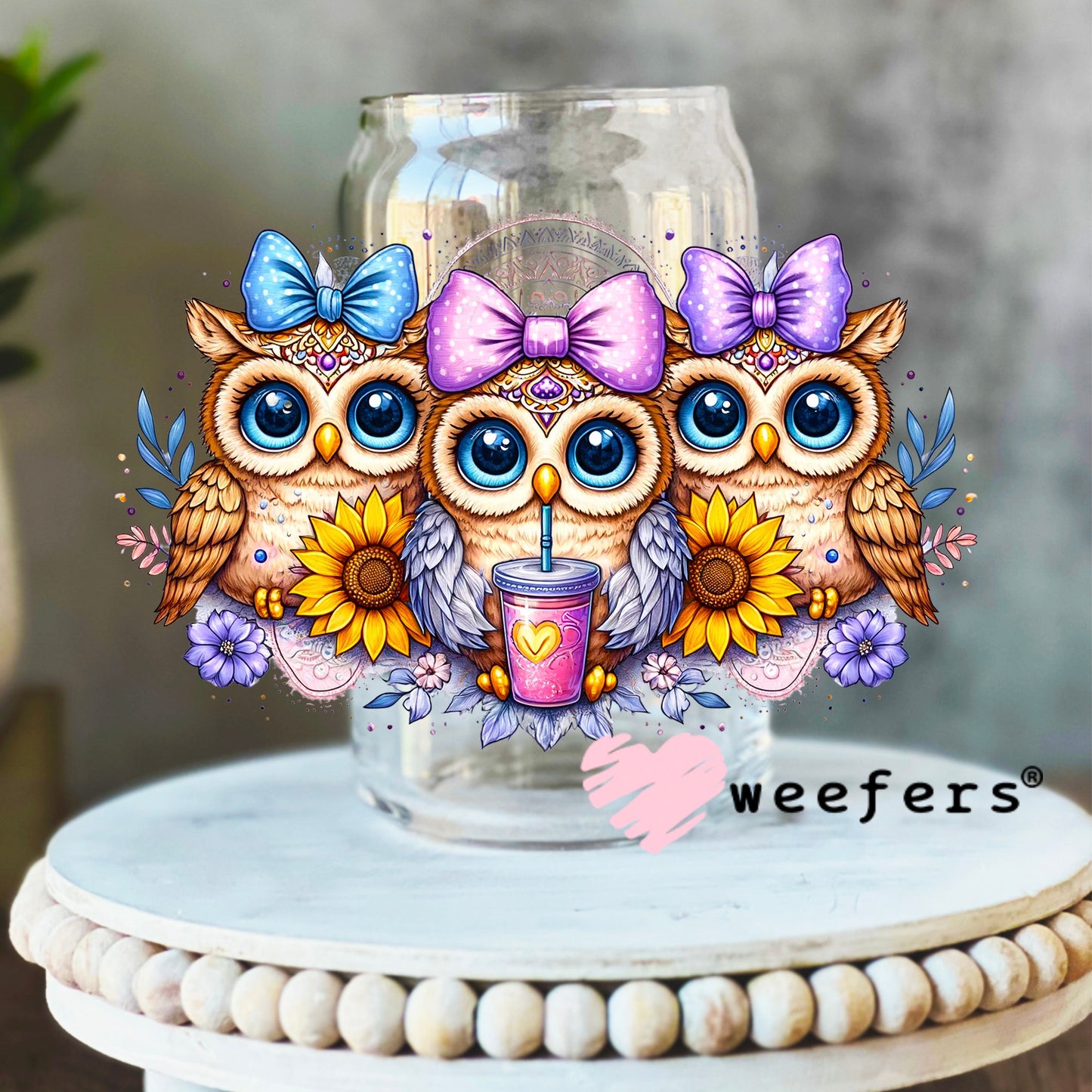 Girly Owls Trio UV DTF Decal 16oz Libbey Glass Original Size Weefers