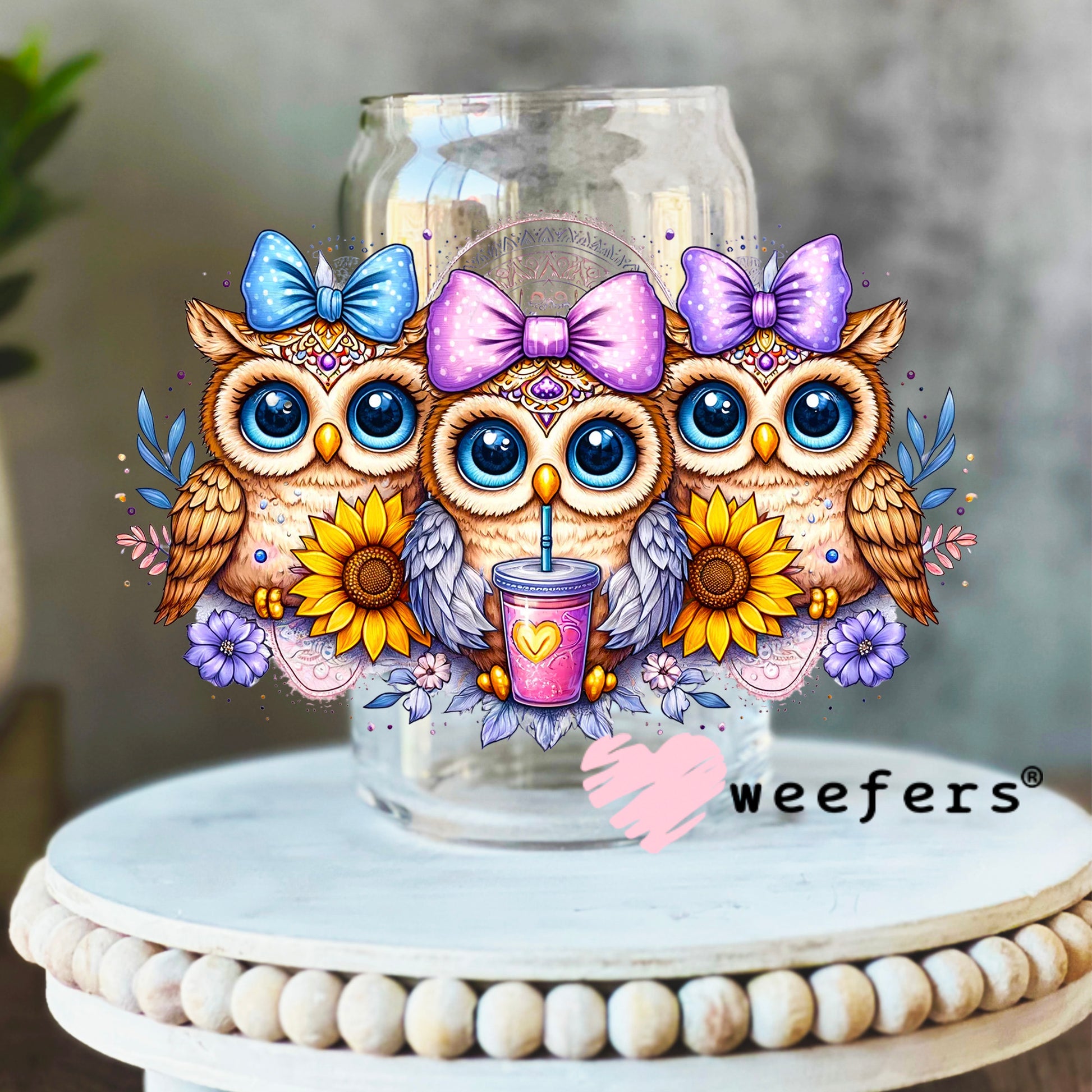 Girly Owls Trio UV DTF Decal 16oz Libbey Glass Original Size Weefers