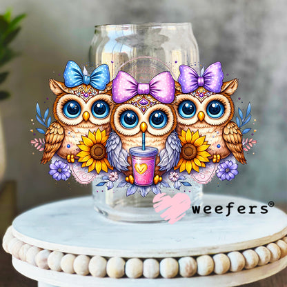 Girly Owls Trio UV DTF Decal 16oz Libbey Glass Original Size Weefers