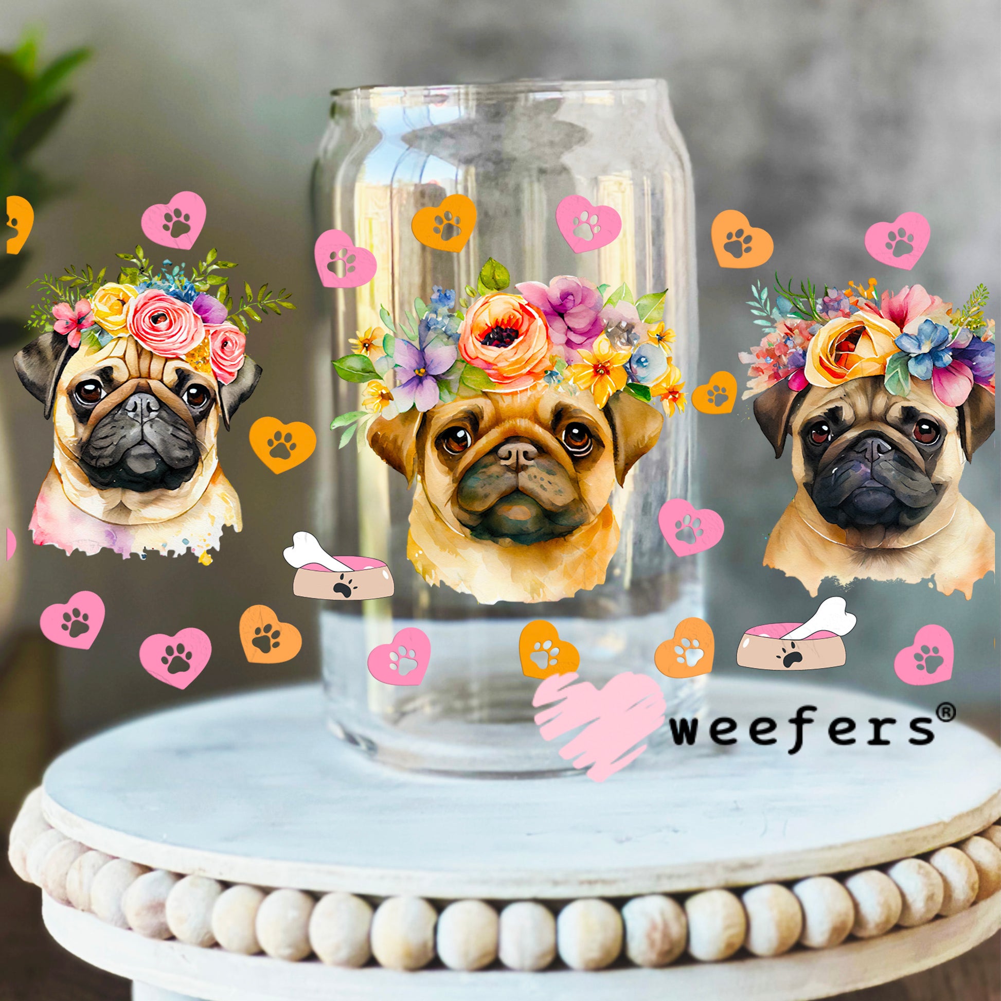 Floral Pugs UV DTF Cup Wrap 16oz Libbey Glass Original Size Weefers