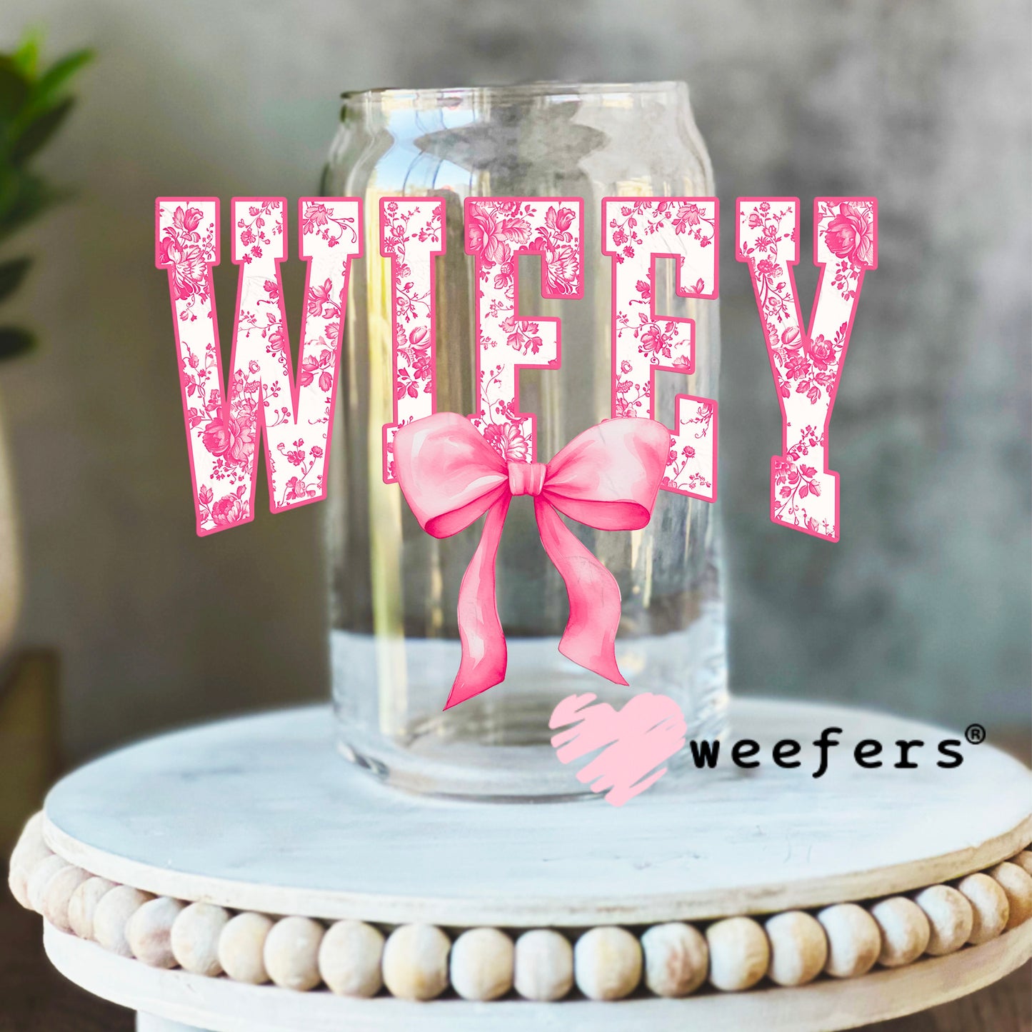 Wifey Coquette Bow UV DTF Decal 16oz Libbey Glass Original Size Weefers