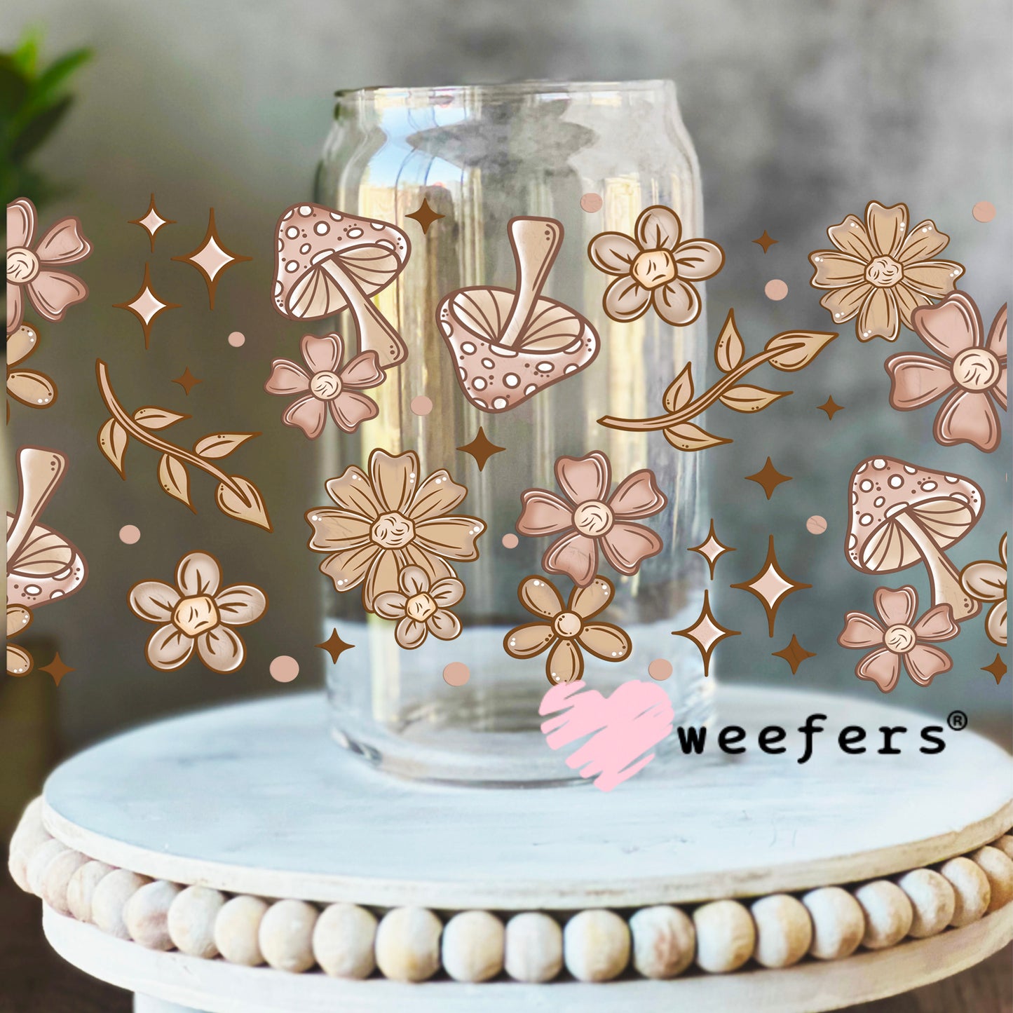 Mushroom and Flowers Neutral UV DTF Cup Wrap 16oz Libbey Glass Original Size Weefers