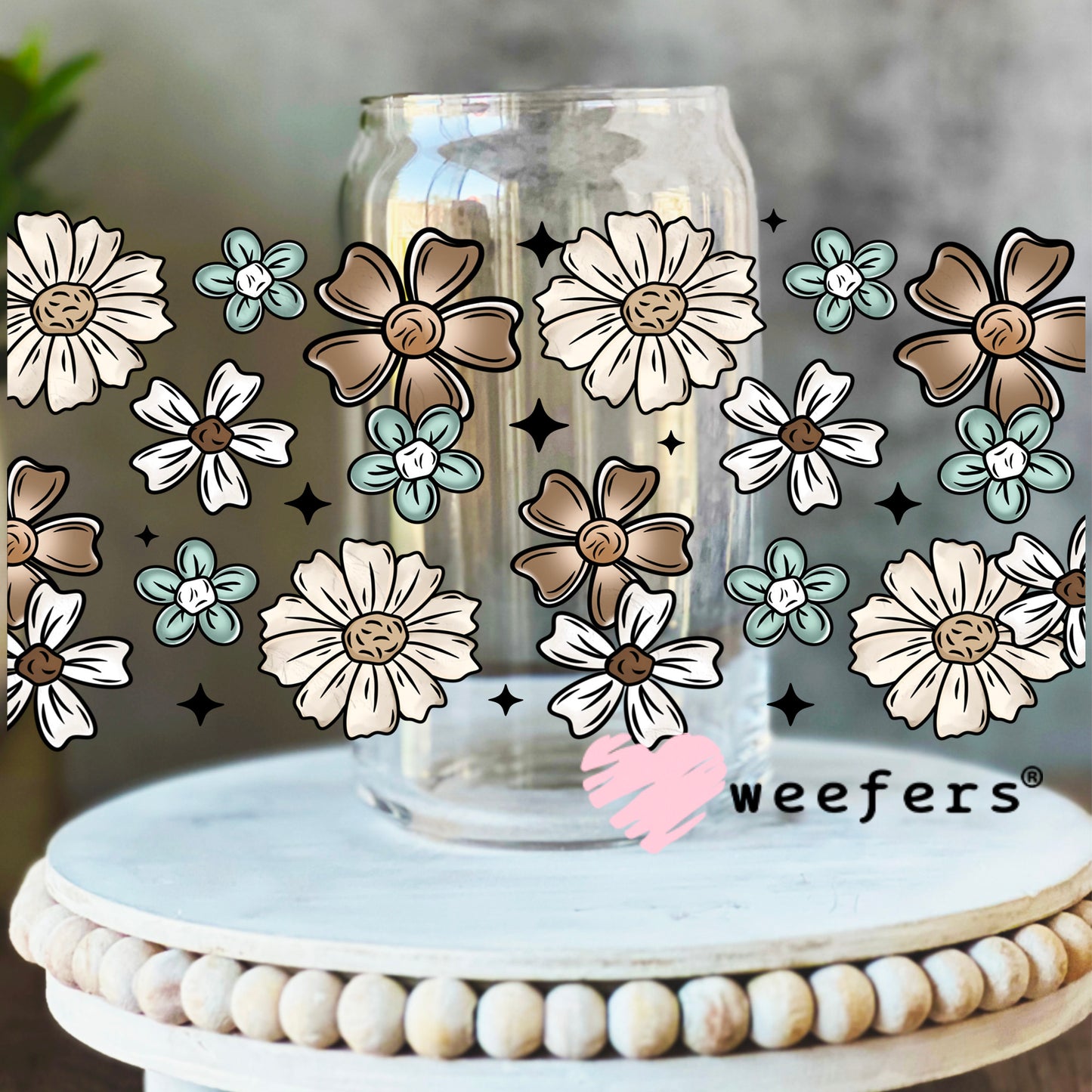 Teal and Brown Flowers UV DTF Cup Wrap 16oz Libbey Glass Original Size Weefers