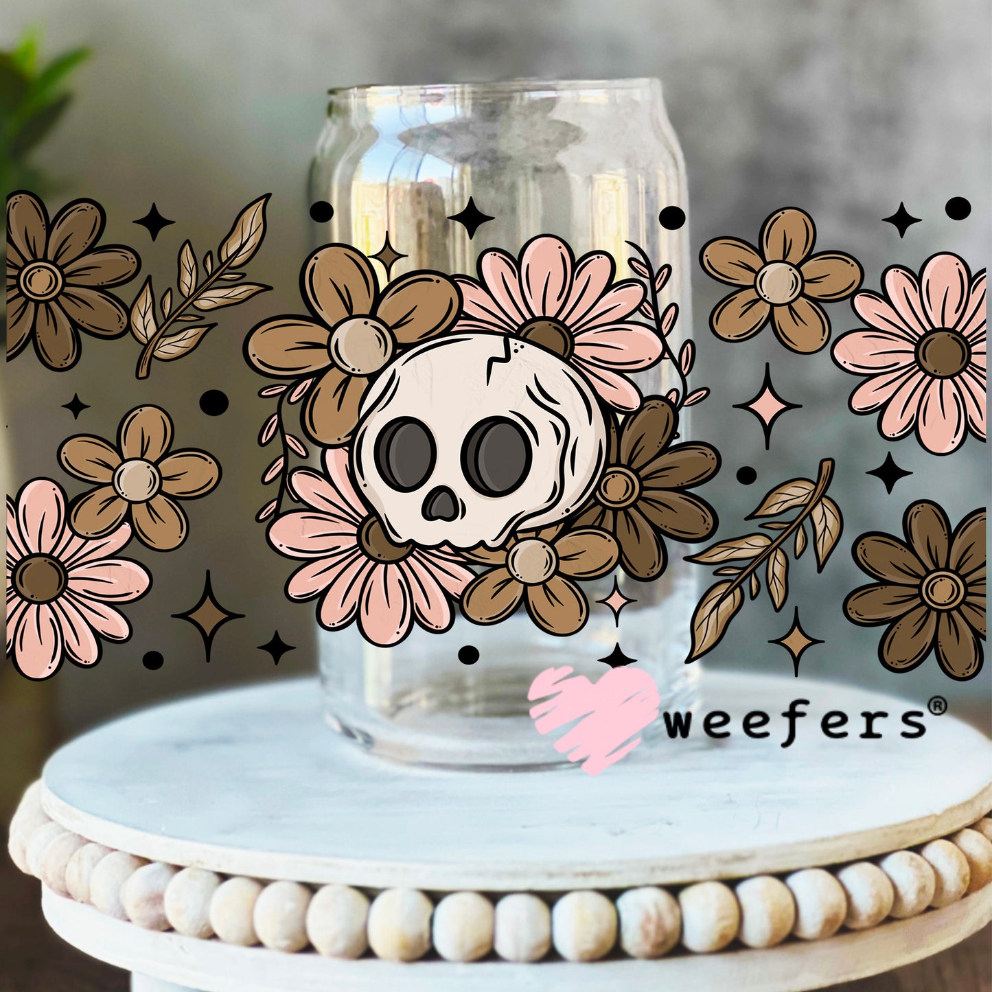 Skull Mauve and Brown Flowers UV DTF Cup Wrap 16oz Libbey Glass Original Size Weefers