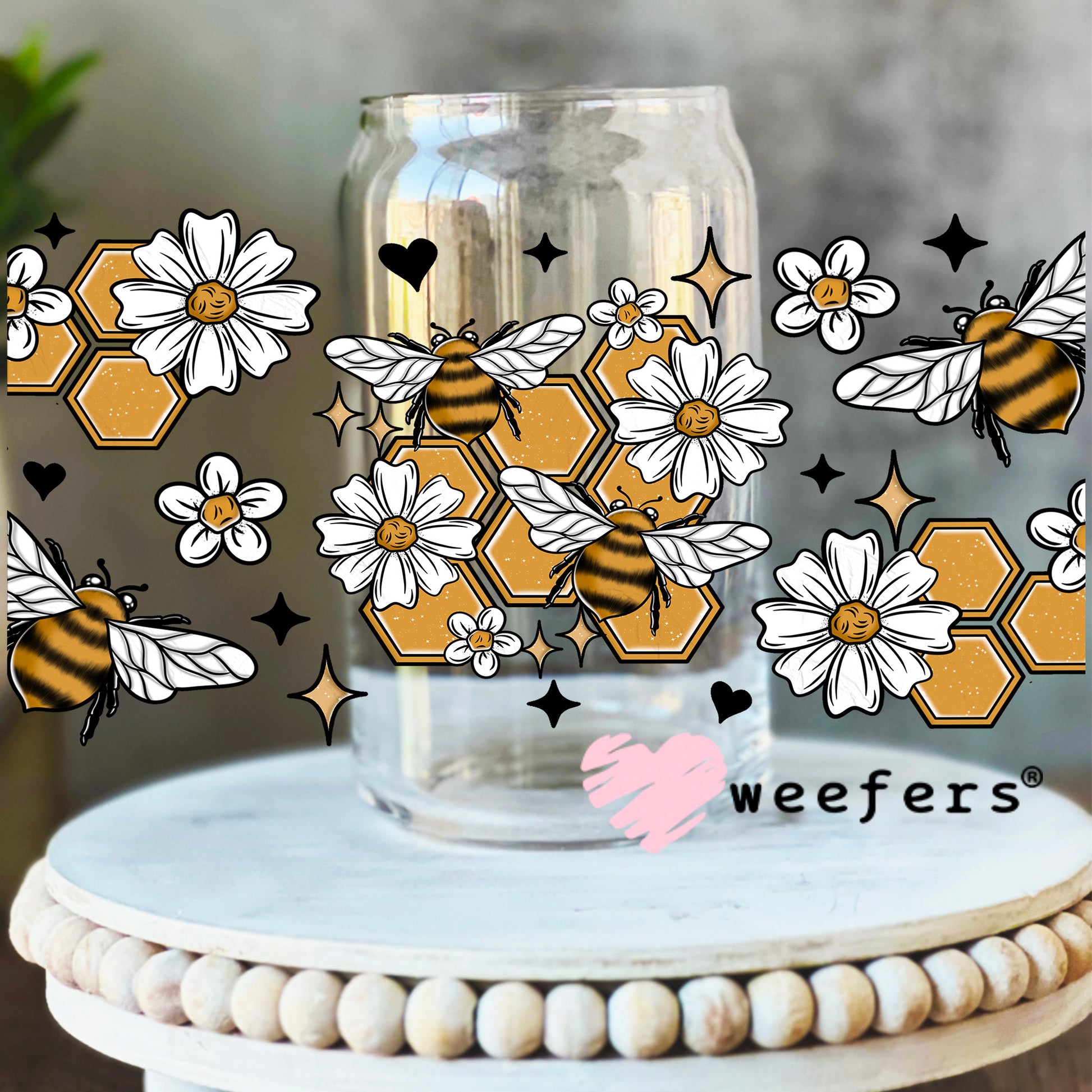 Honey Comb Bees and Flowers UV DTF Cup Wrap 16oz Libbey Glass Original Size Weefers