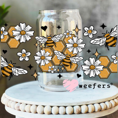 Honey Comb Bees and Flowers UV DTF Cup Wrap 16oz Libbey Glass Original Size Weefers
