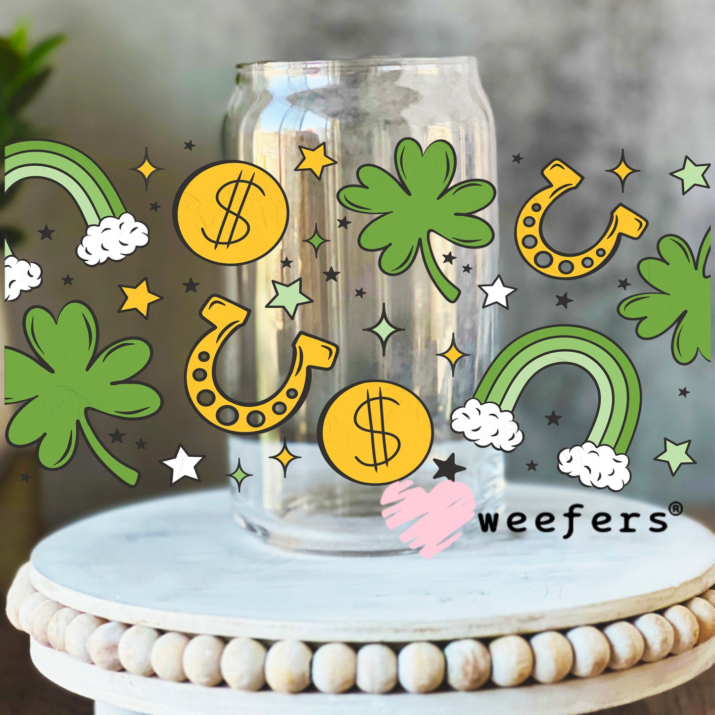 Lucky Clovers Horseshoes UV DTF Cup Wrap 16oz Libbey Glass Original Size Weefers