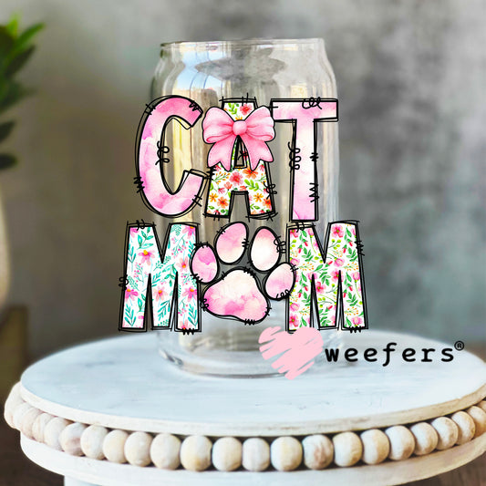 Cat Mom Coquette Pink UV DTF Decal 16oz Libbey Glass Original Size Weefers