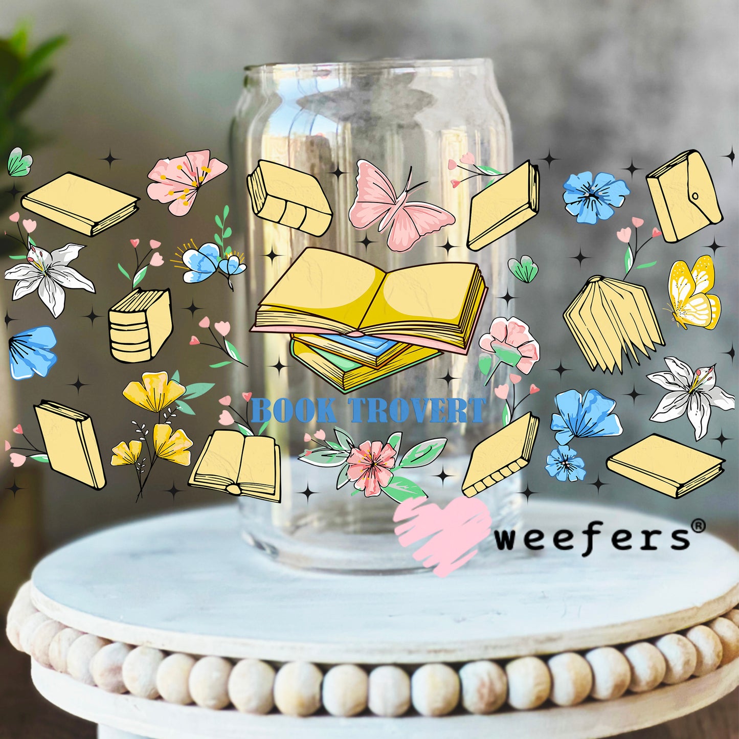 Booktrovert Yellow Blue UV DTF Cup Wrap 16oz Libbey Glass Original Size Weefers
