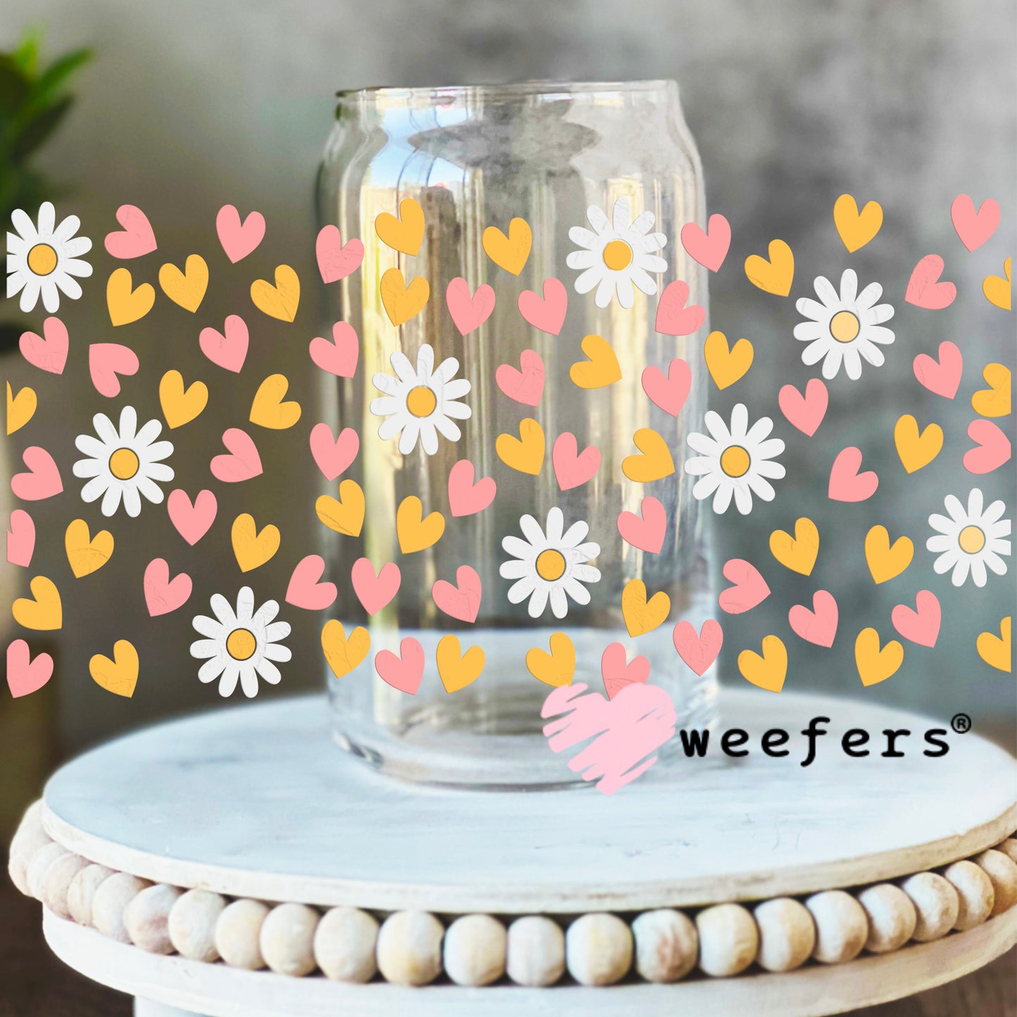 Hearts and Flowers White Pink Yellow UV DTF Cup Wrap 16oz Libbey Glass Original Size Weefers