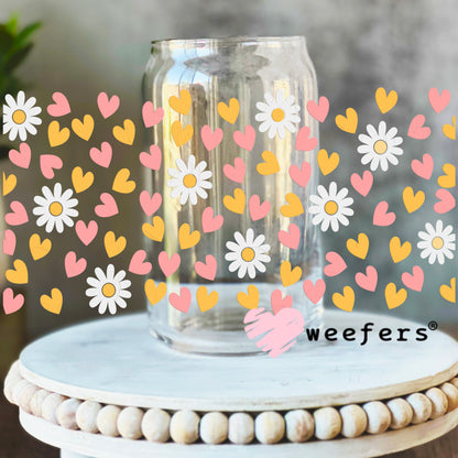 Hearts and Flowers White Pink Yellow UV DTF Cup Wrap 16oz Libbey Glass Original Size Weefers