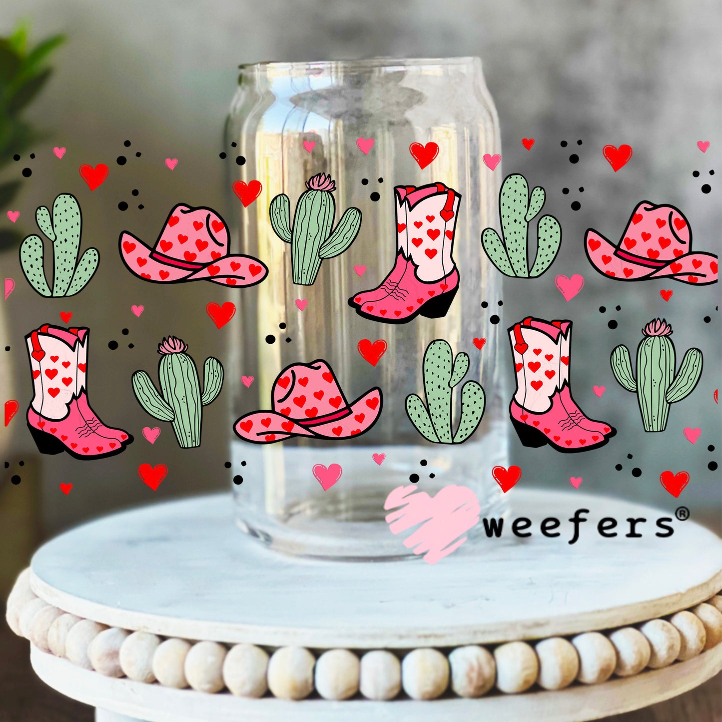 Cowgirl Boots Hats and Cactus UV DTF Cup Wrap 16oz Libbey Glass Original Size Weefers