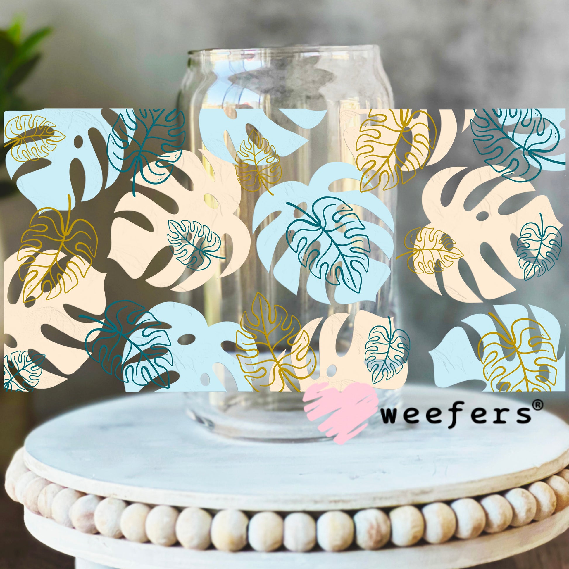 Monstera Blue Cream UV DTF Cup Wrap 16oz Libbey Glass Original Size Weefers