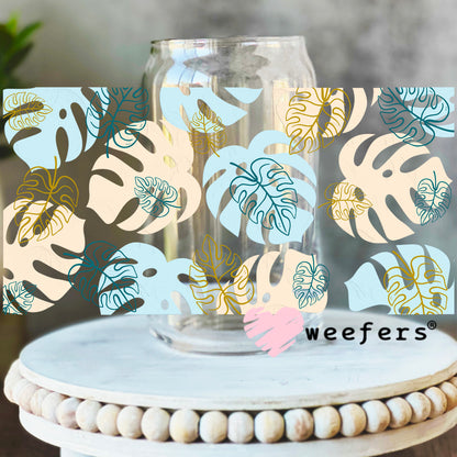 Monstera Blue Cream UV DTF Cup Wrap 16oz Libbey Glass Original Size Weefers