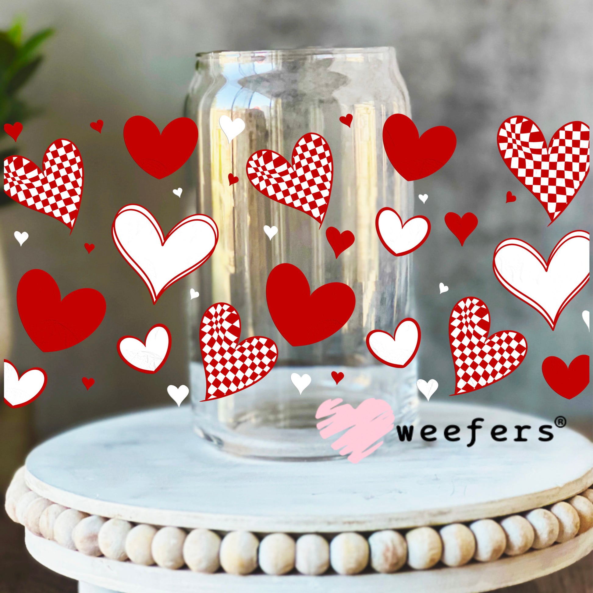Valentine Red Hearts UV DTF Cup Wrap 16oz Libbey Glass Original Size Weefers
