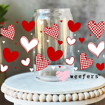 Valentine Red Hearts UV DTF Cup Wrap 16oz Libbey Glass Original Size Weefers