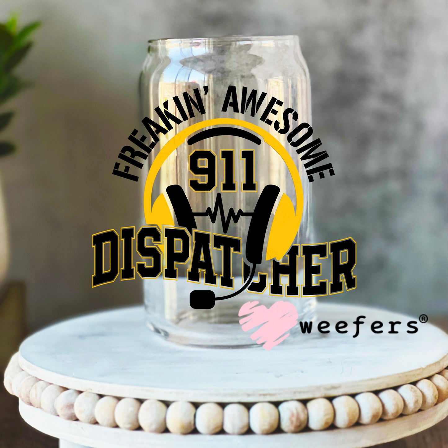 Freakin' Awesome 911 Dispatcher UV DTF Decal 16oz Libbey Glass Original Size Weefers
