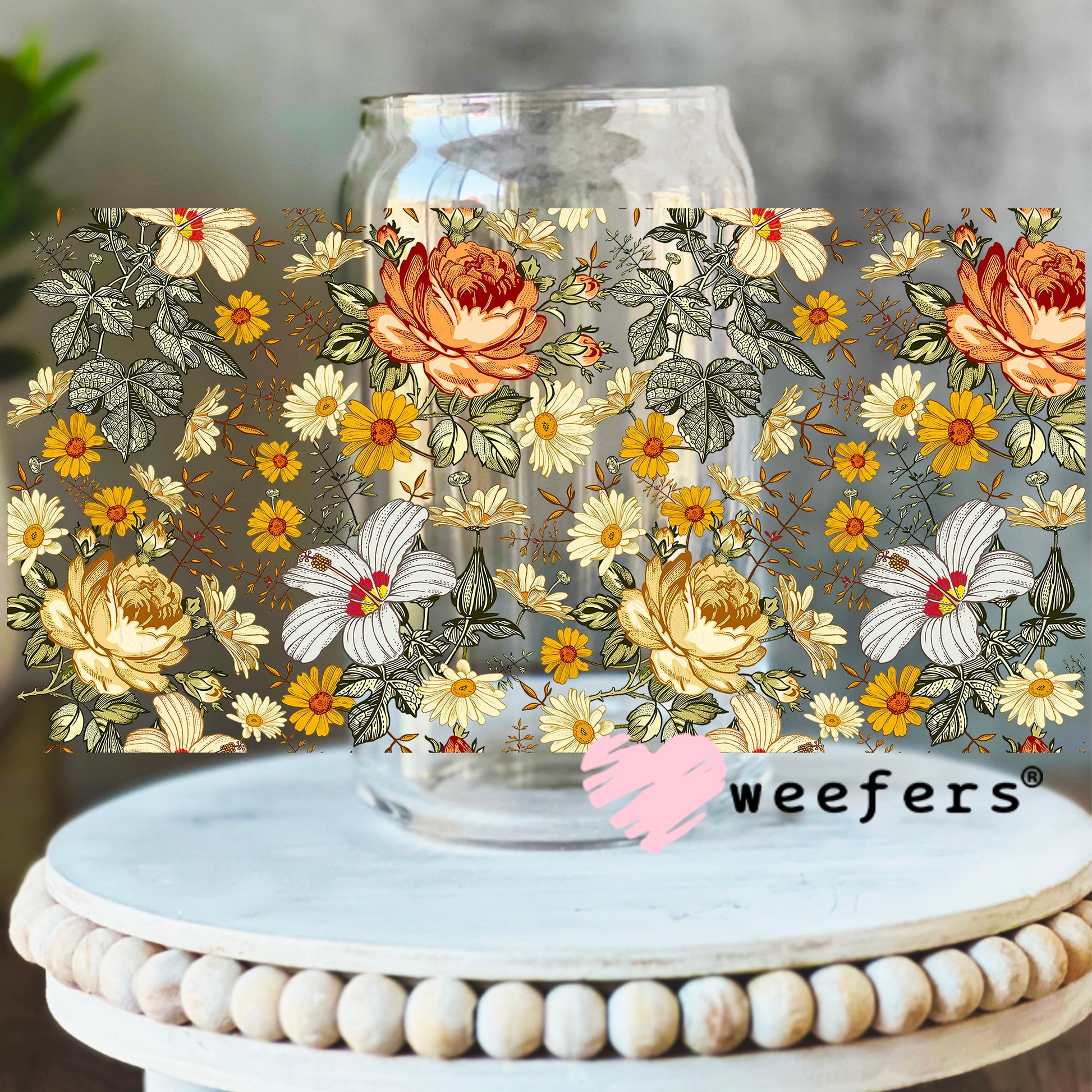 Rust and Gold Florals UV DTF Cup Wrap 16oz Libbey Glass Original Size Weefers