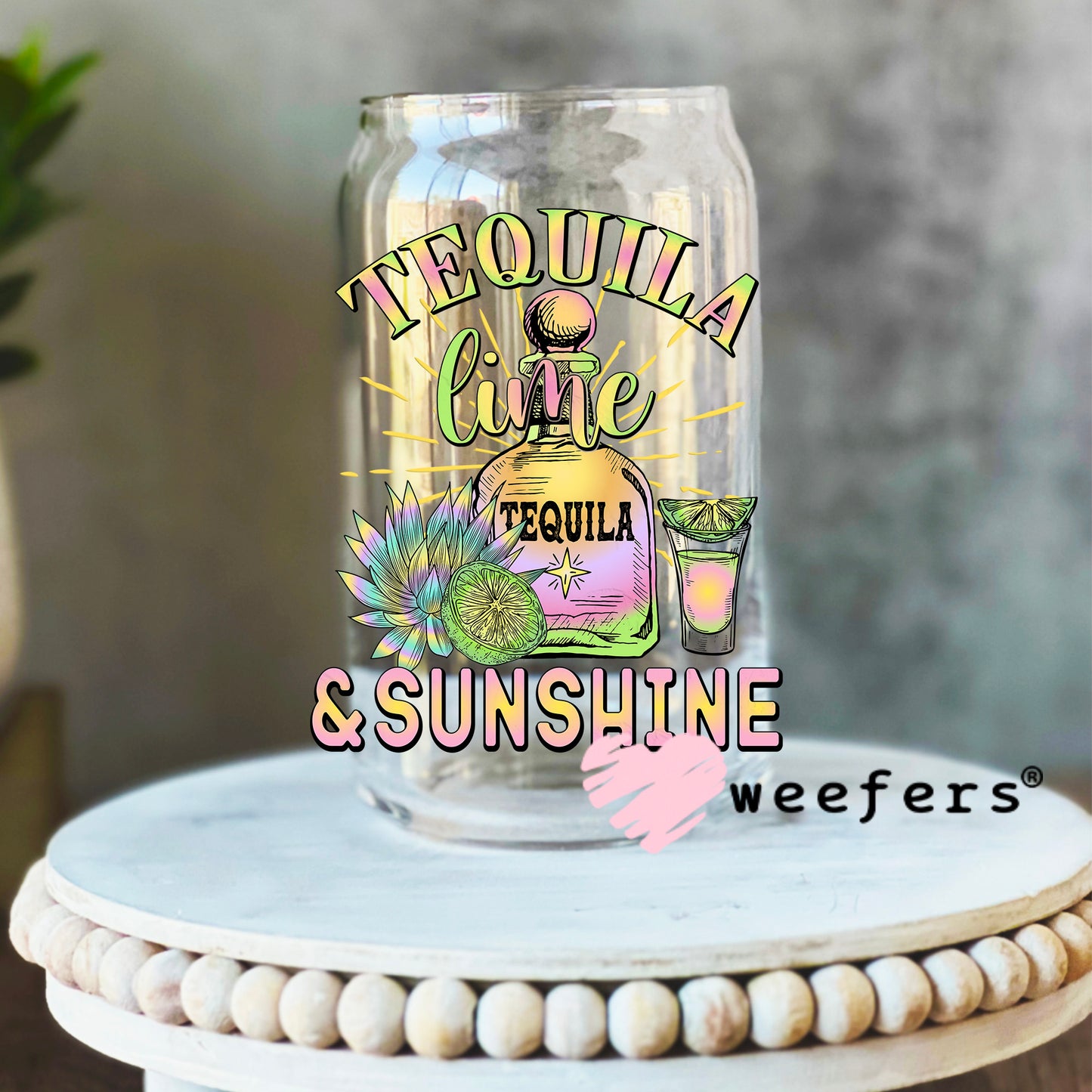 Tequila and Sunshine UV DTF Decal 16oz Libbey Glass Original Size Weefers