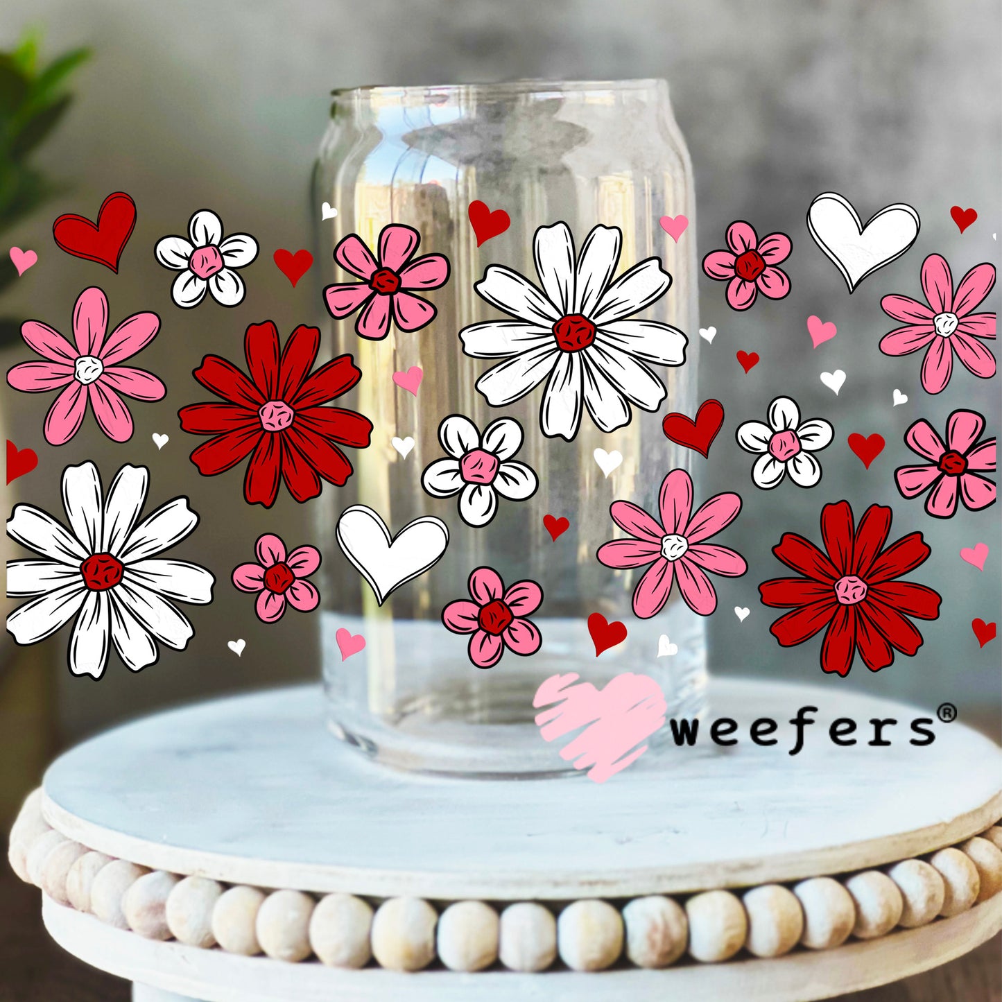 Pink and Red Hearts and Flowers UV DTF Cup Wrap 16oz Libbey Glass Original Size Weefers