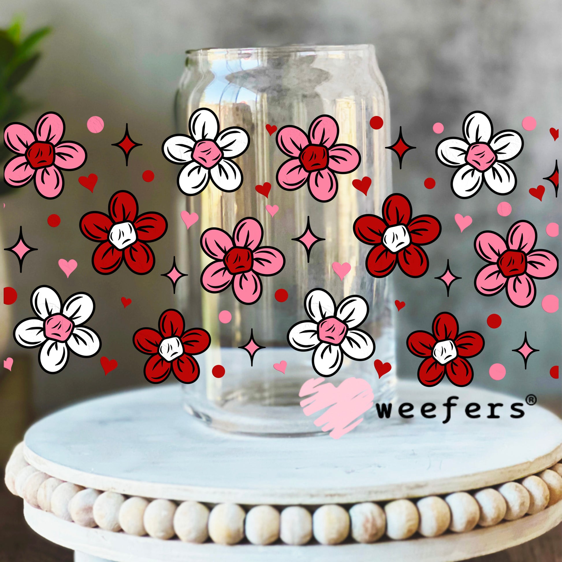 Pink and Red Flowers UV DTF Cup Wrap 16oz Libbey Glass Original Size Weefers