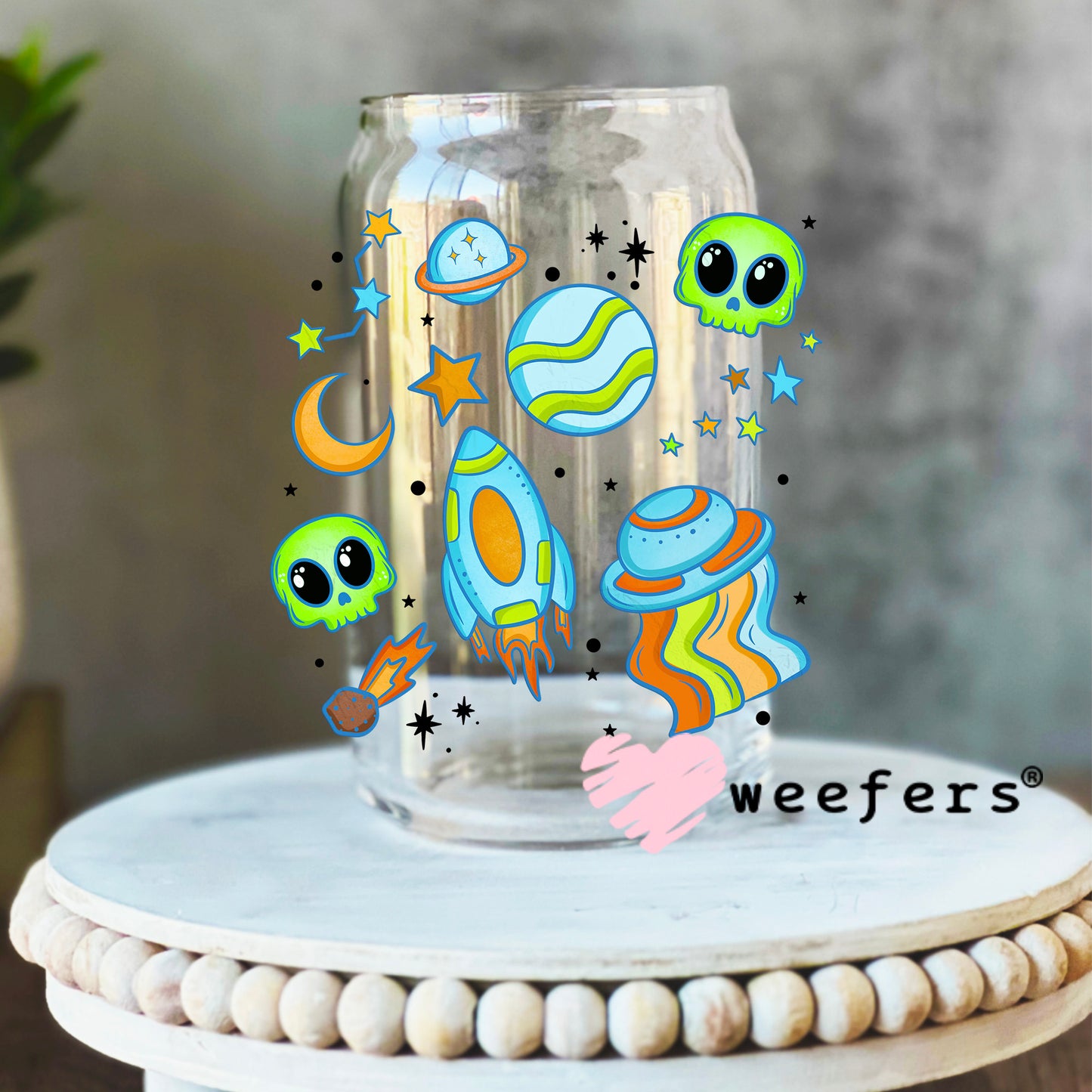 Alien's and Rocket Ships Kids UV DTF Decal 16oz Libbey Glass Original Size Weefers