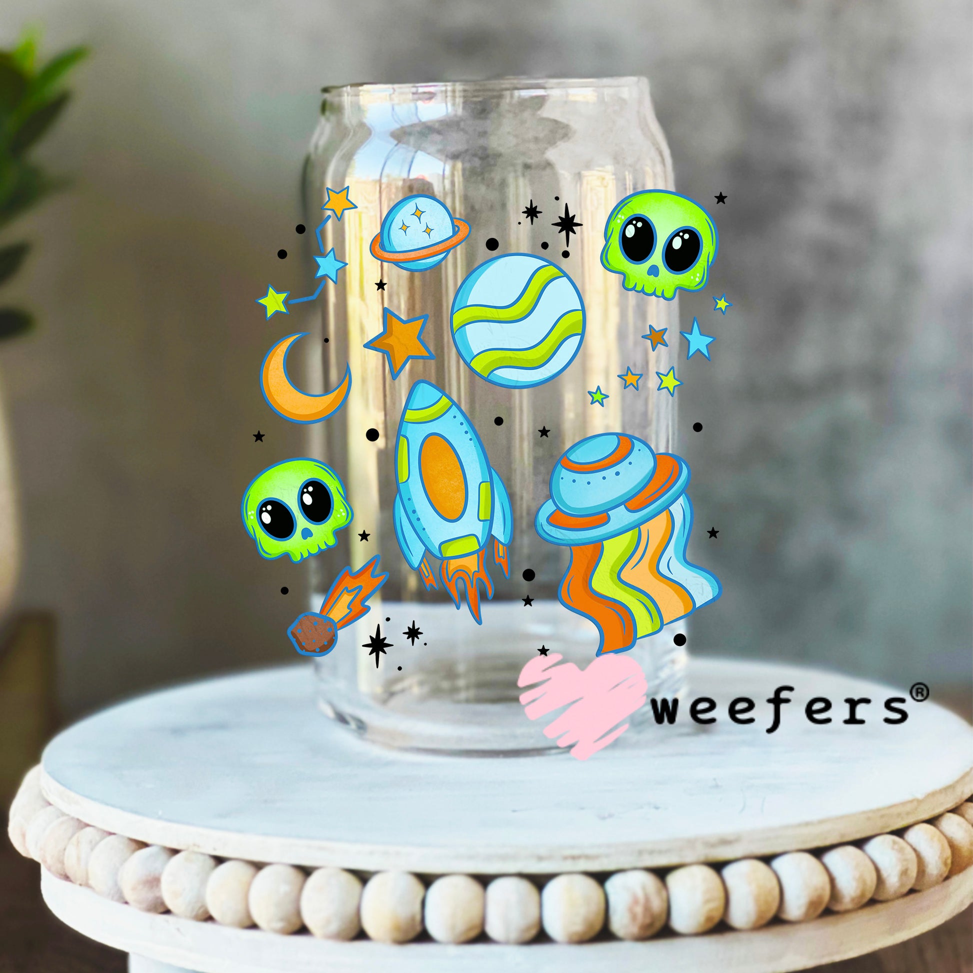 Alien's and Rocket Ships Kids UV DTF Decal 16oz Libbey Glass Original Size Weefers
