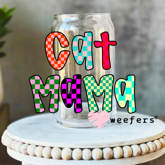 Cat Mama Colorful Checkers UV DTF Decal 16oz Libbey Glass Original Size Weefers
